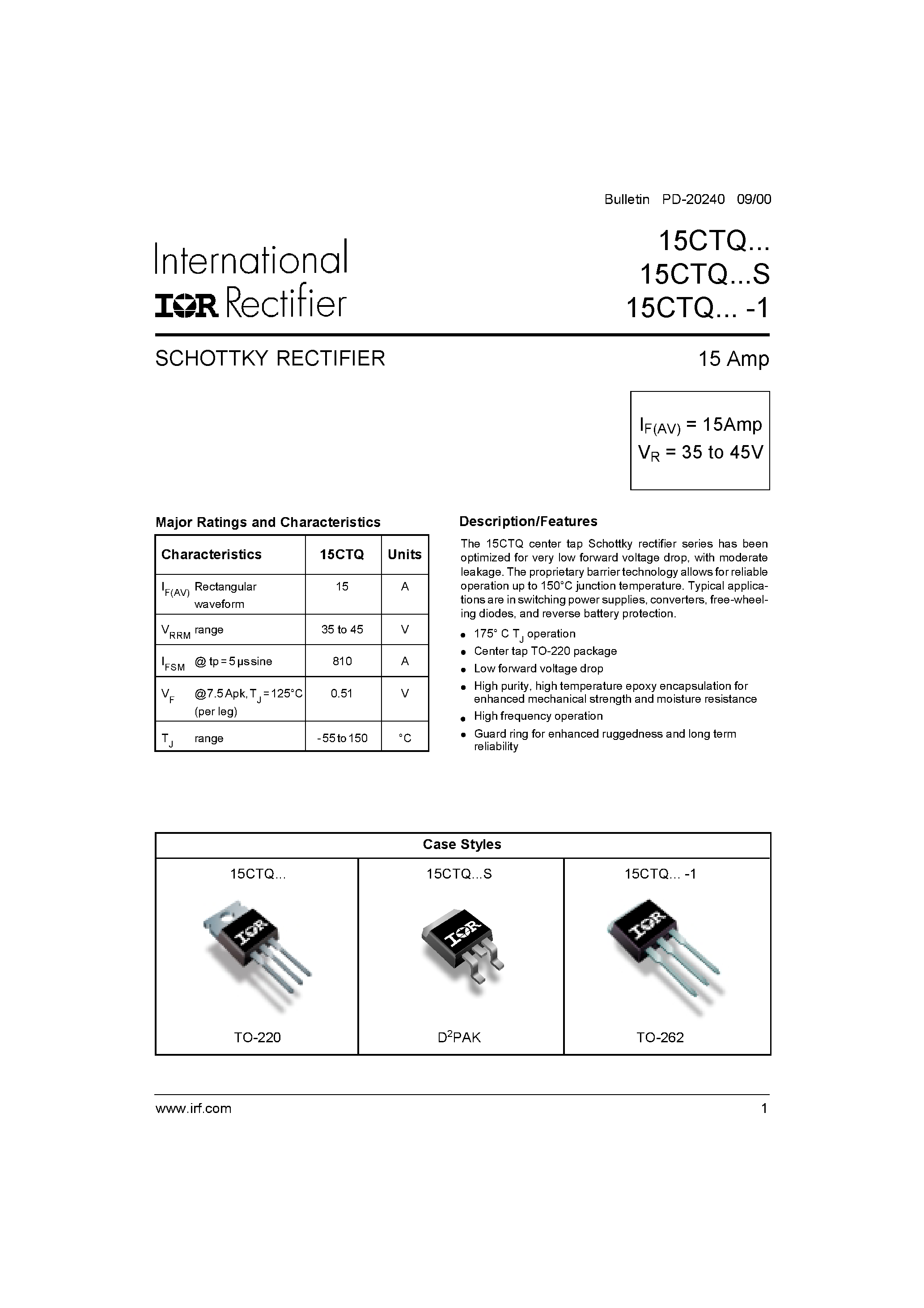 Datasheet 15CTQ - SCHOTTKY RECTIFIER page 1