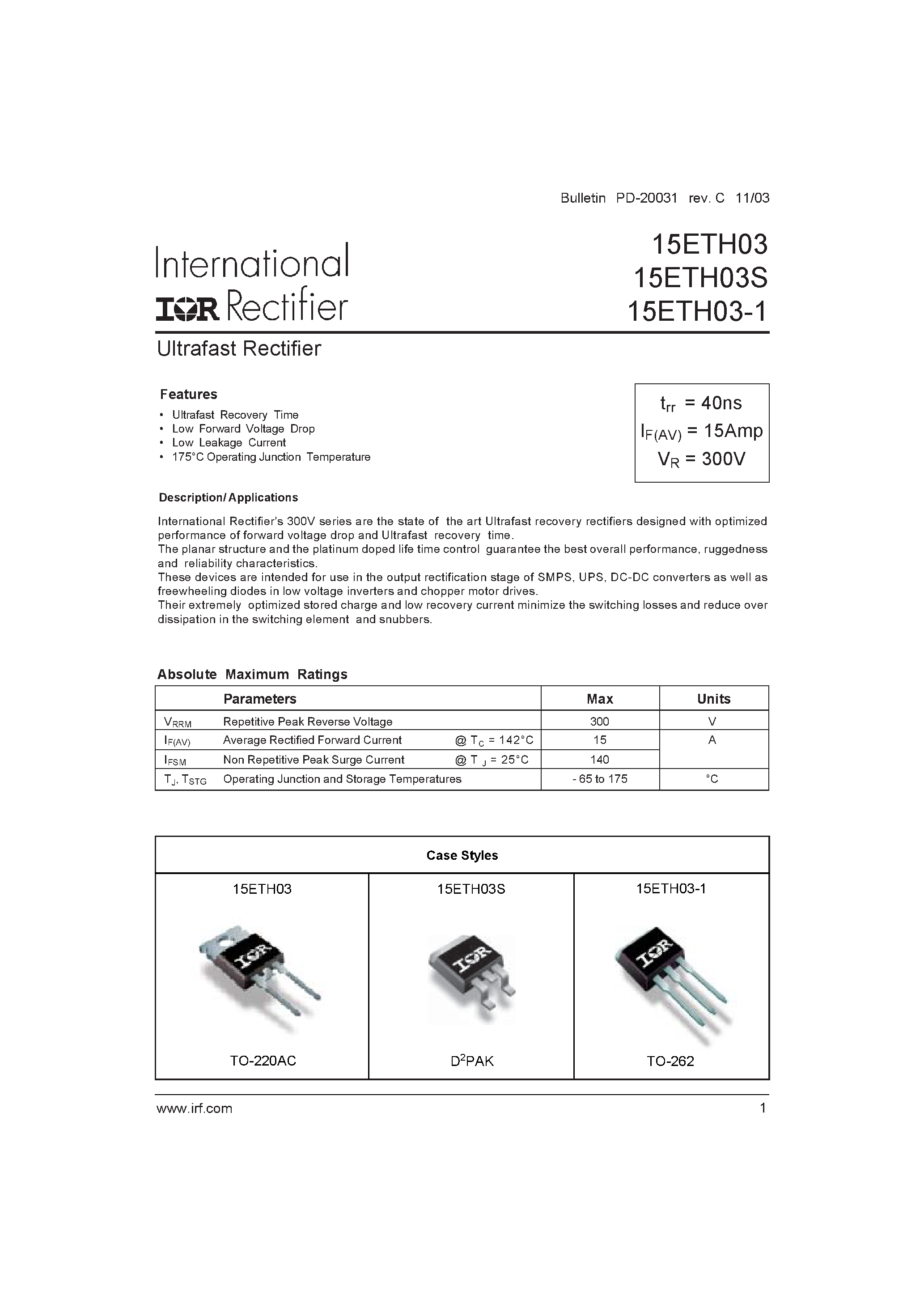 Datasheet 15ETH03 - Ultrafast Rectifier page 1