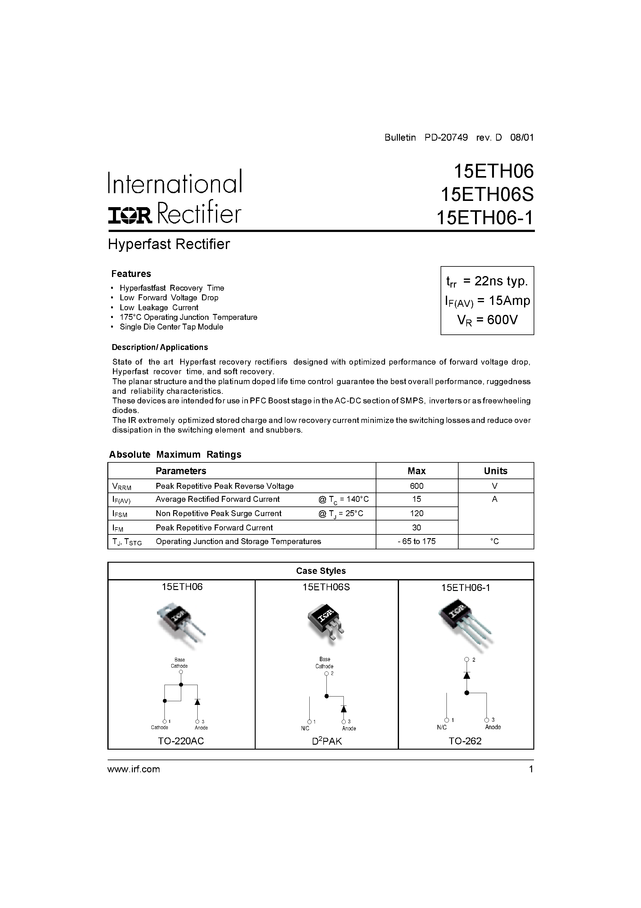 Datasheet 15ETH06 - Hyperfast Rectifier page 1