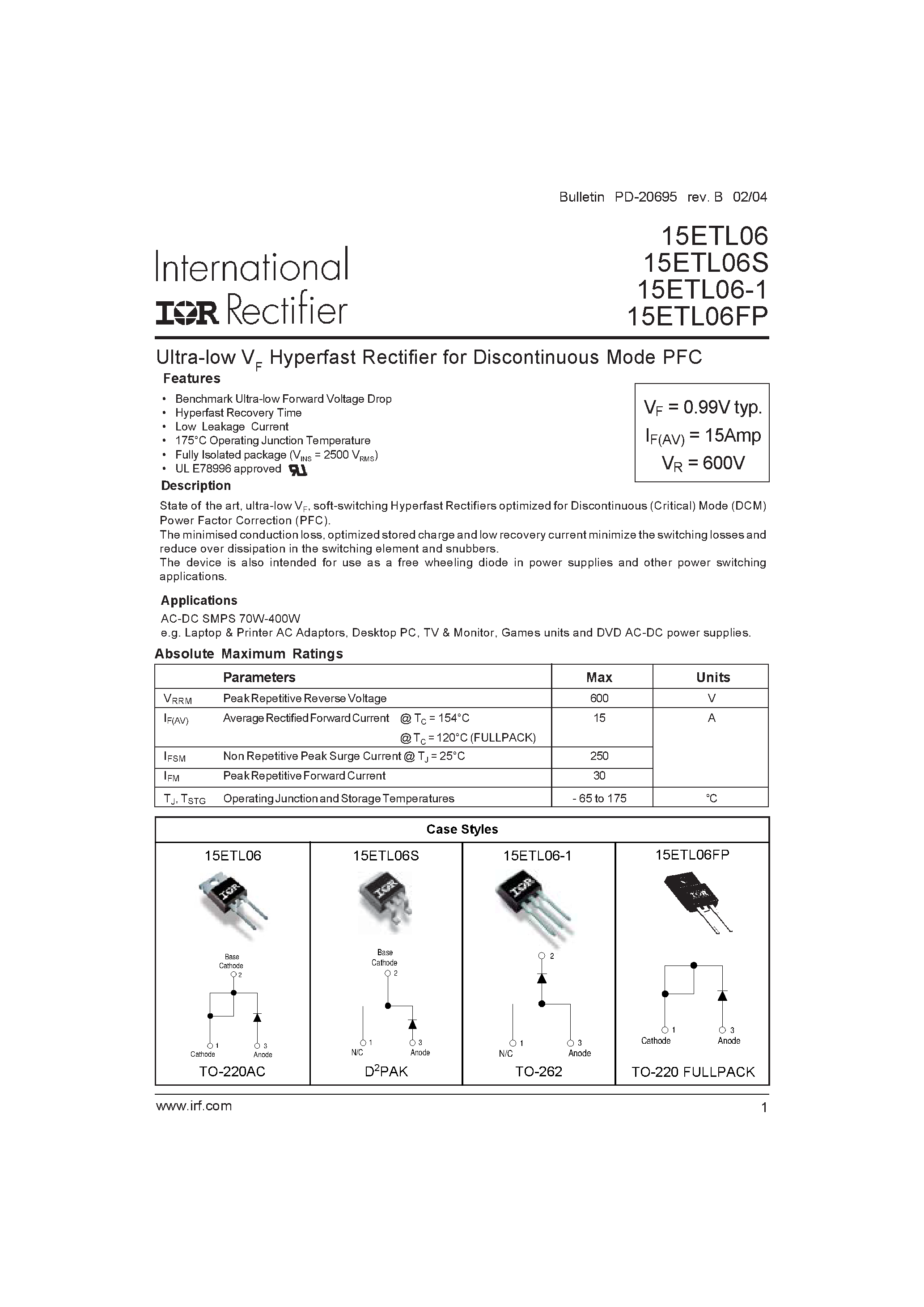 Datasheet 15ETL06-1 - Ultra-low VF Hyperfast Rectifier for Discontinuous Mode PFC page 1