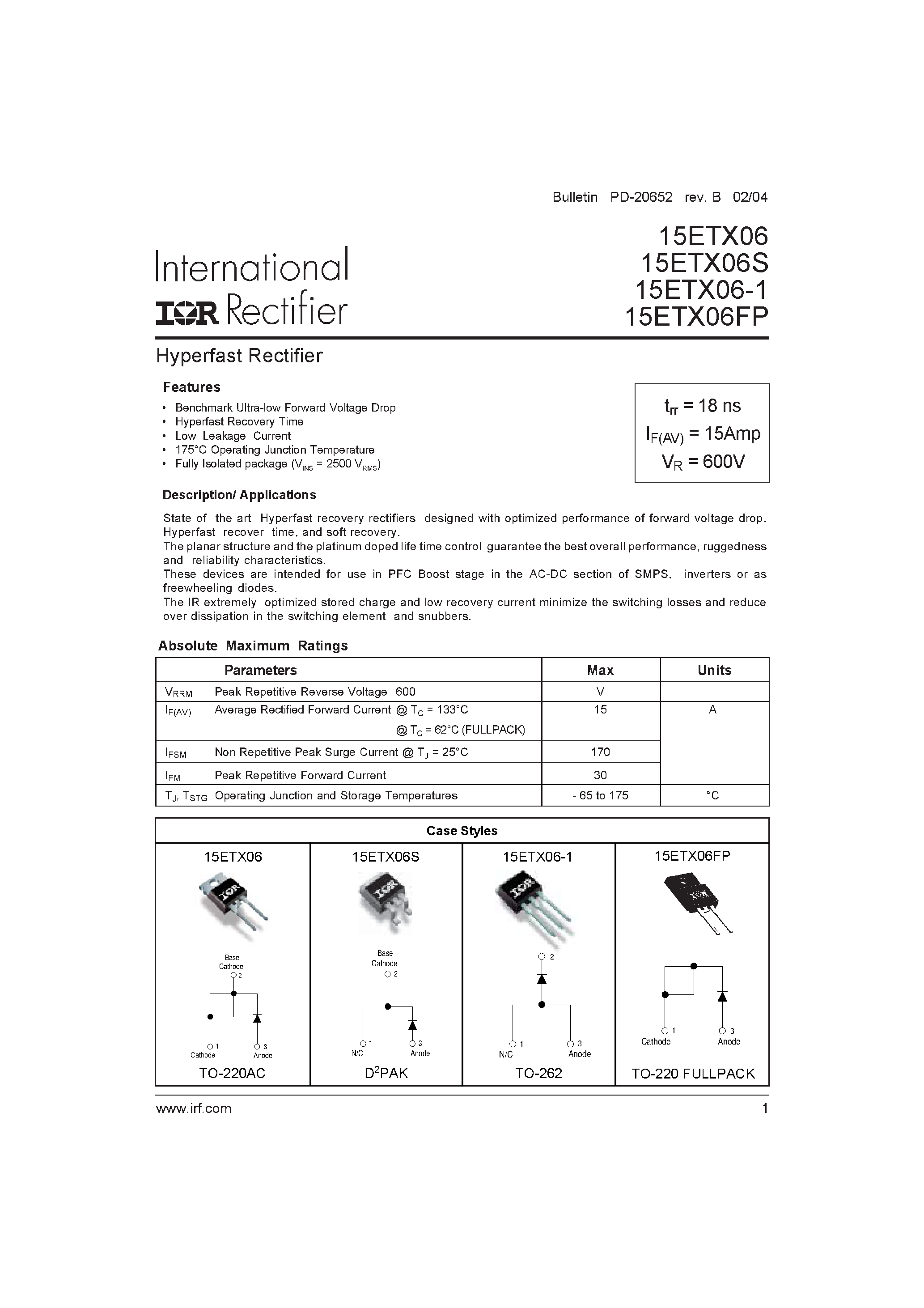 Datasheet 15ETX06 - Hyperfast Rectifier page 1