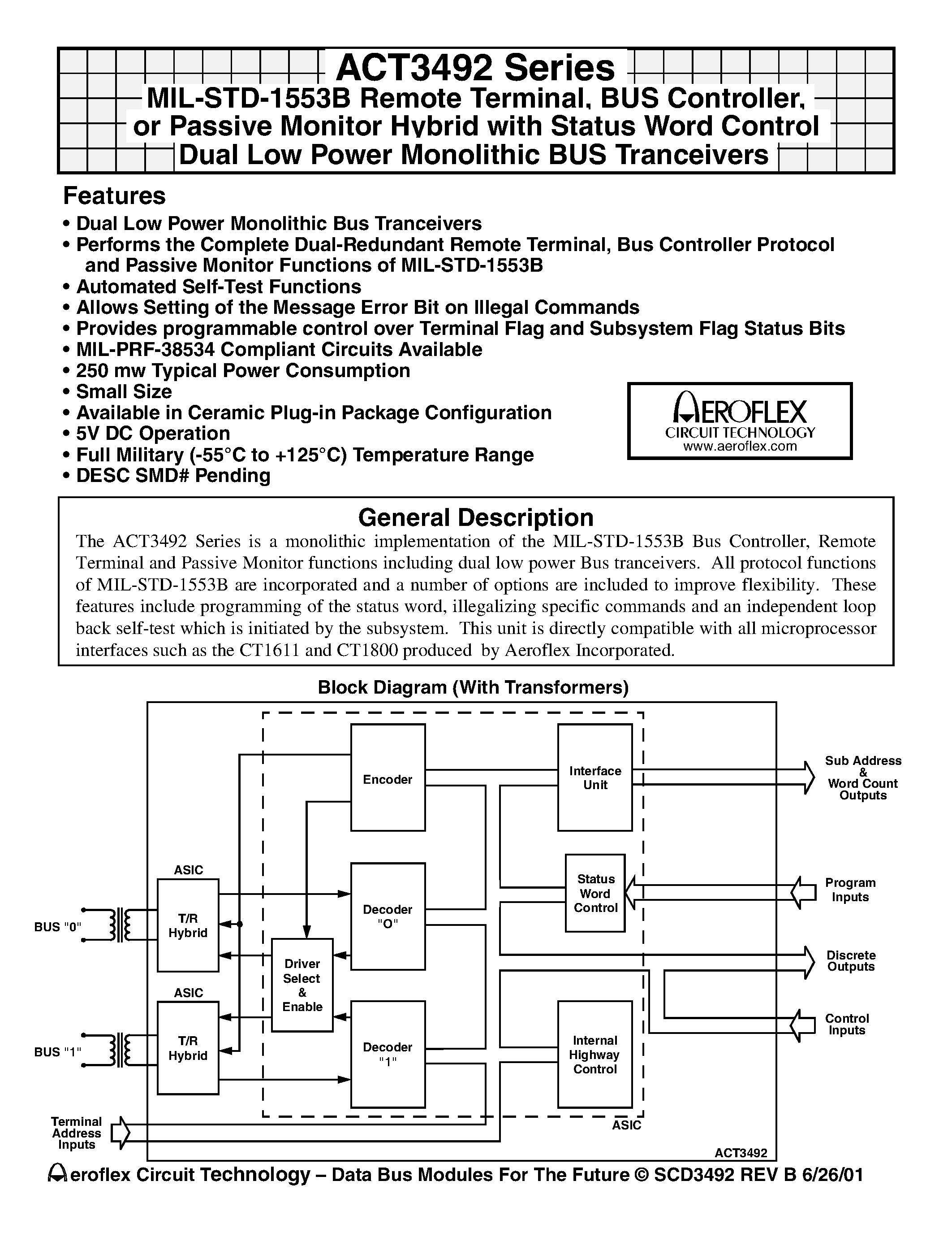 Даташит ACT3492 - MIL-STD-1553B Remote Terminal/ BUS Controller/ or Passive Monitor Hybrid with Status Word Control Dual Low Power Monolithic BUS Tranceivers страница 1