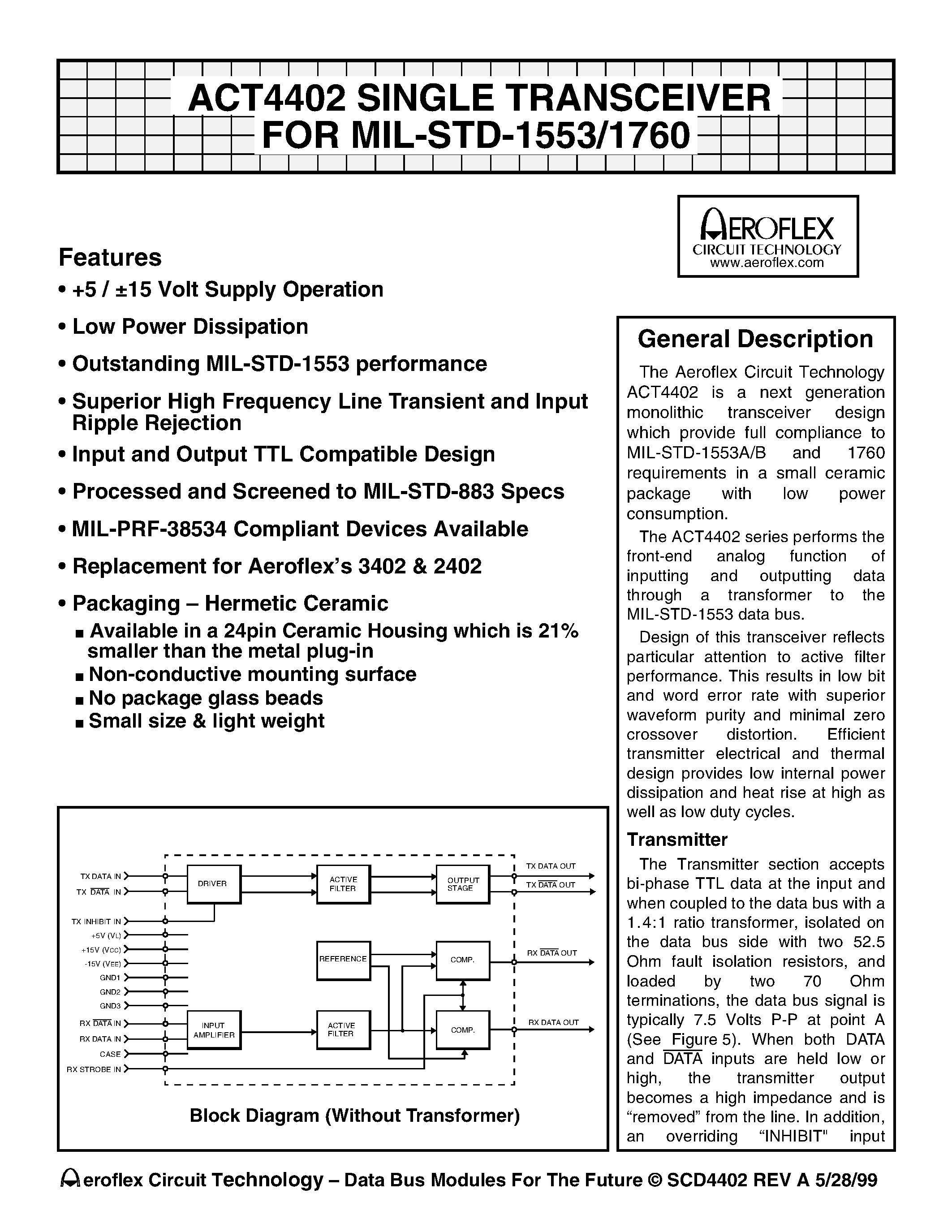 Даташит ACT4402 - ACT4402 SINGLE TRANSCEIVER FOR MIL-STD-1553/1760 страница 1