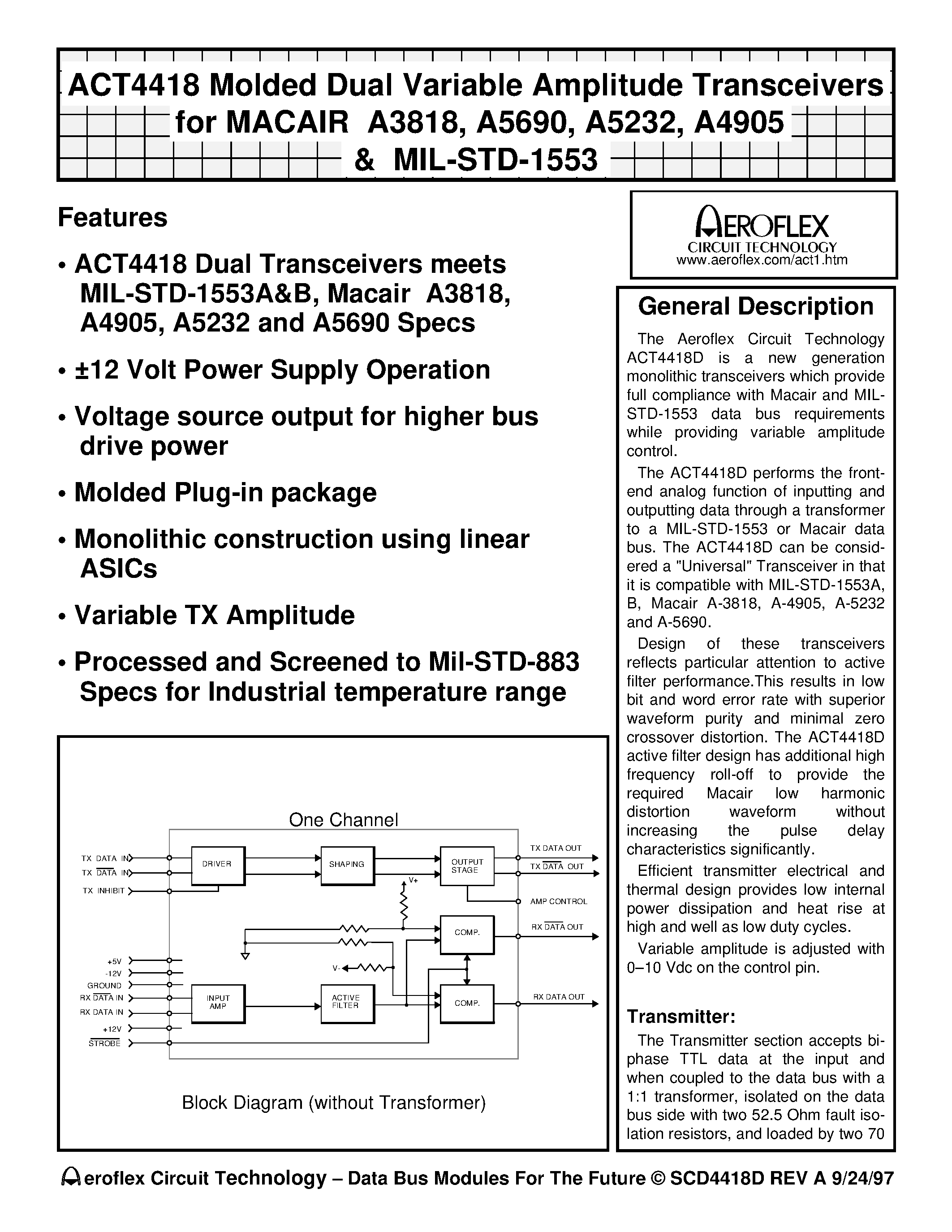 Даташит ACT4418 - ACT4418 Molded Dual Variable Amplitude Transceivers for MACAIR A3818/ A5690/ A5232/ A4905 & MIL-STD-1553 страница 1