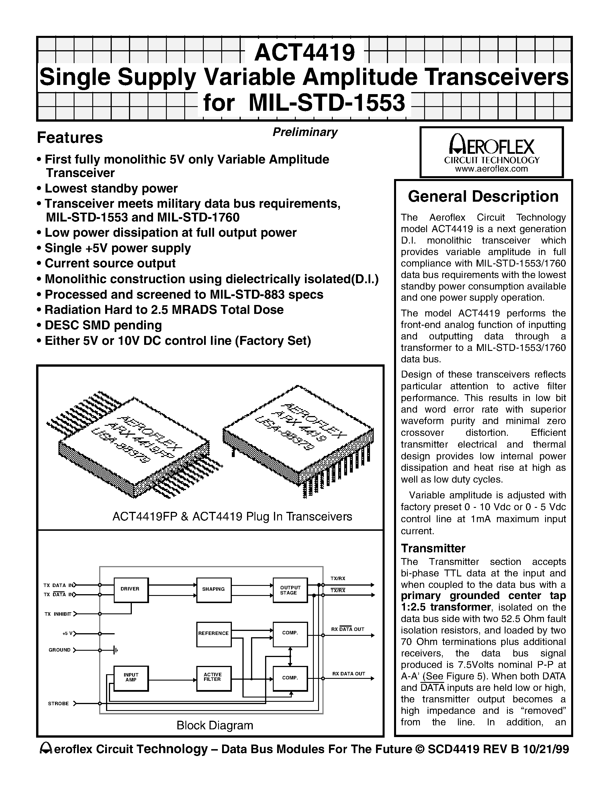 Даташит ACT4419 - Single Supply Variable Amplitude Transceivers for MIL-STD-1553 страница 1