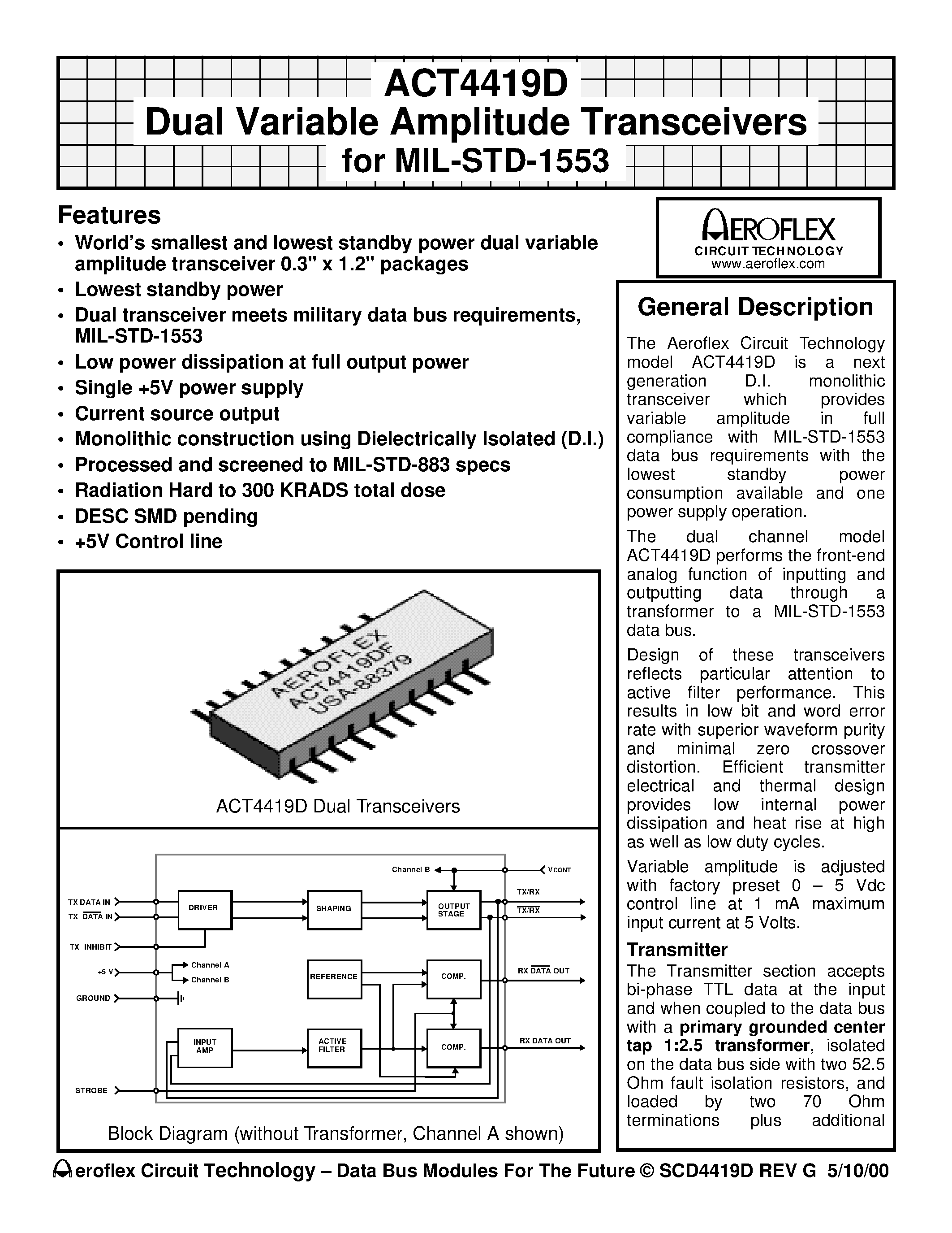 Даташит ACT4419D - Dual Variable Amplitude Transceivers for MIL-STD-1553 страница 1