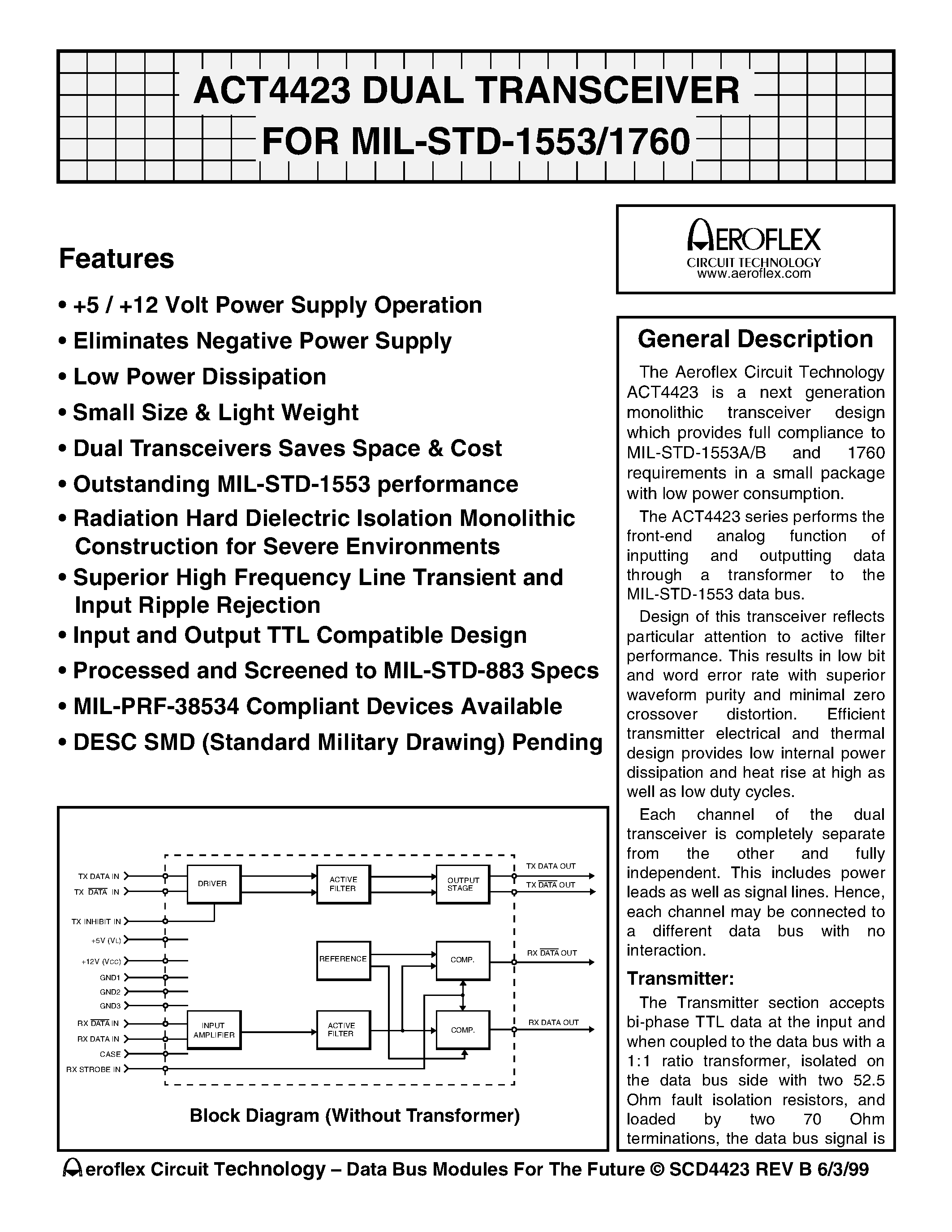 Даташит ACT4423 - ACT4423 DUAL TRANSCEIVER FOR MIL-STD-1553/1760 страница 1