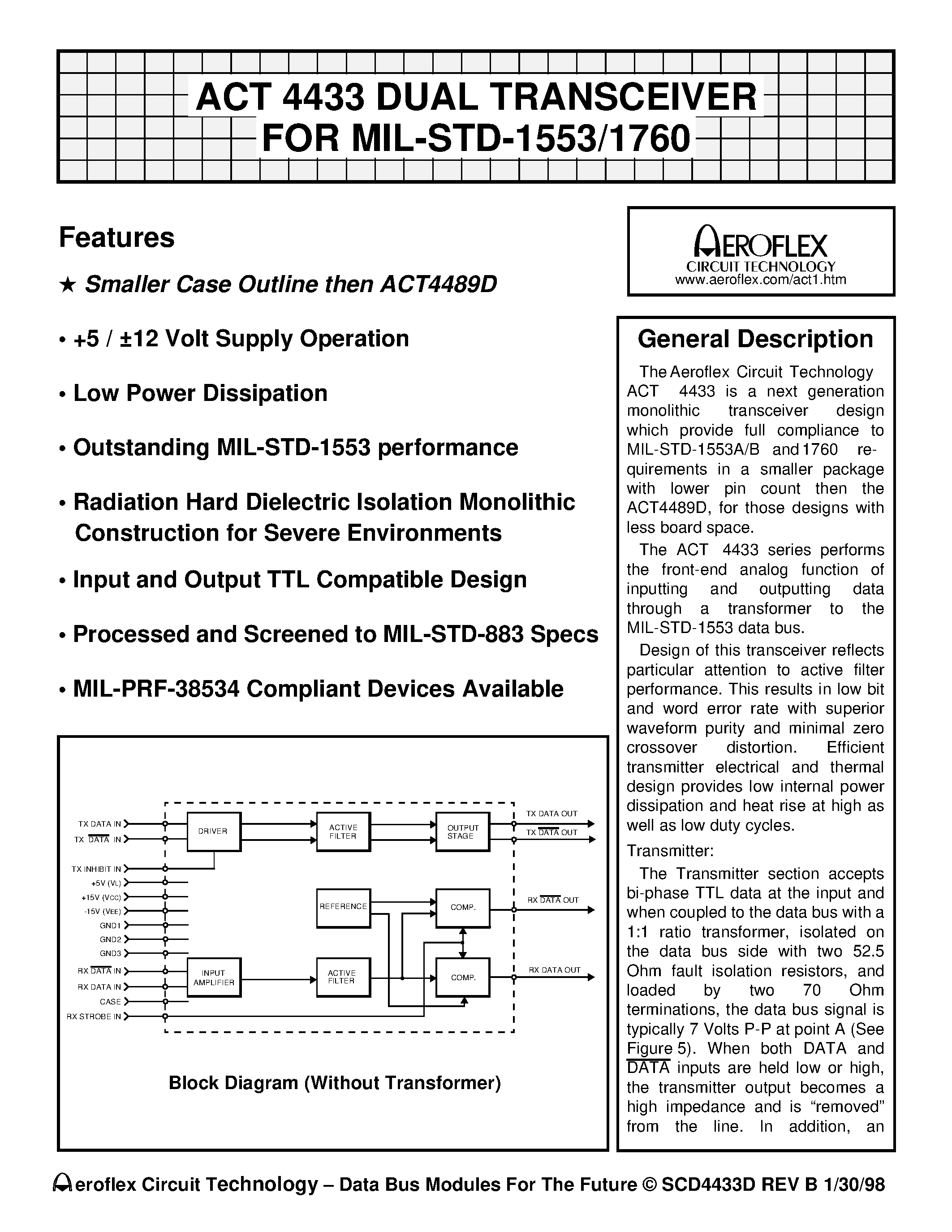 Даташит ACT4433 - ACT 4433 DUAL TRANSCEIVER FOR MIL-STD-1553/1760 страница 1