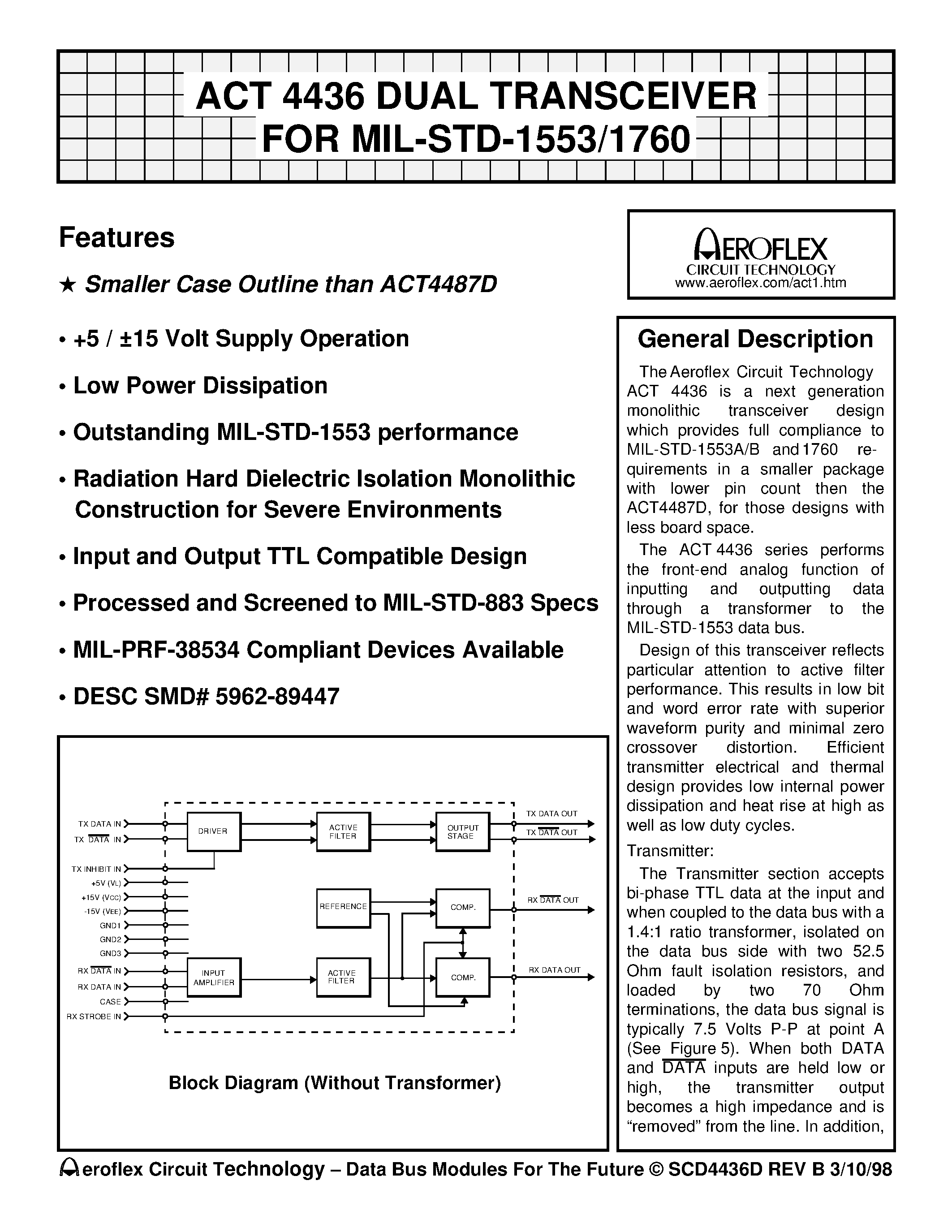 Даташит ACT4436 - ACT 4436 DUAL TRANSCEIVER FOR MIL-STD-1553/1760 страница 1