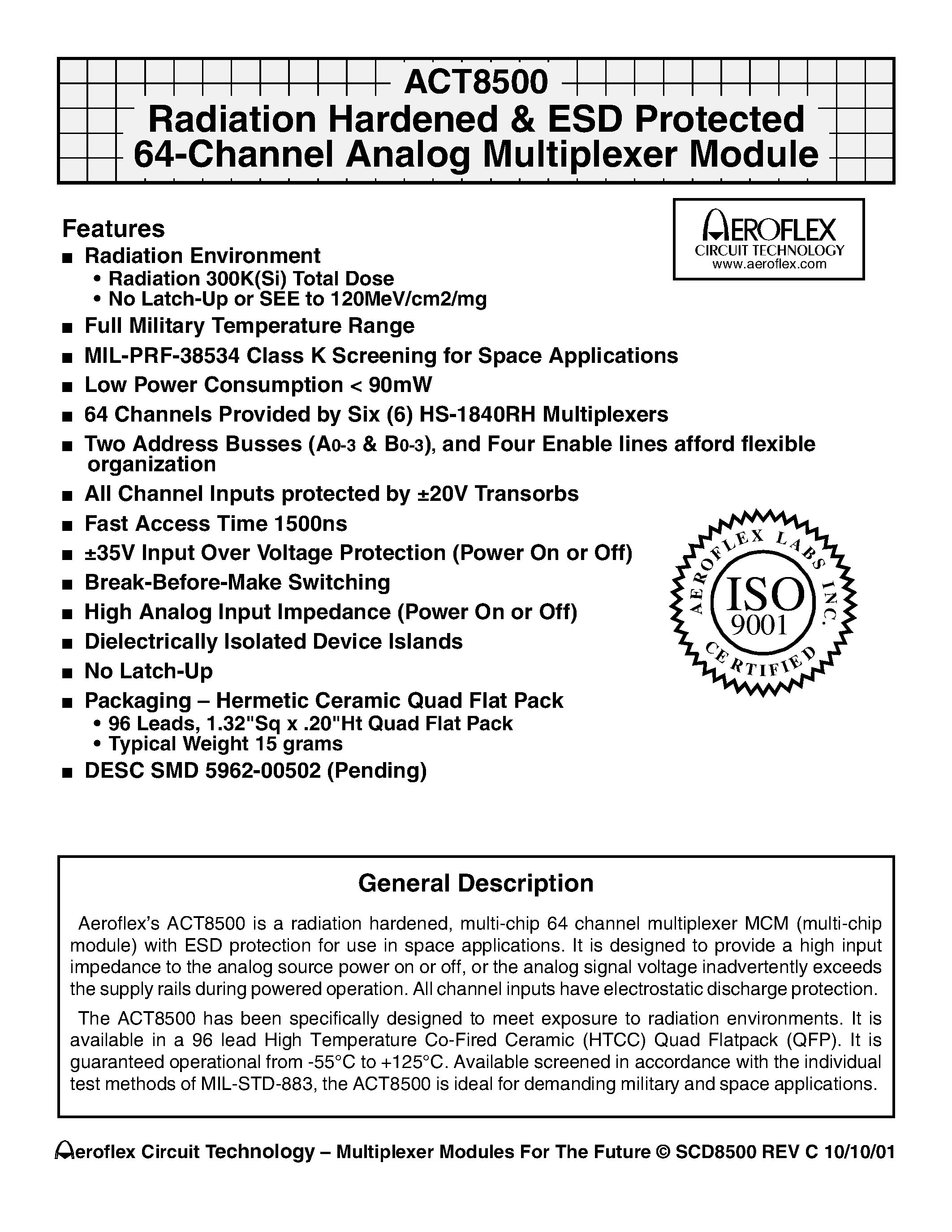 Datasheet ACT8500-I - ACT8500 Radiation Hardened & ESD Protected 64-Channel Analog Multiplexer Module page 1