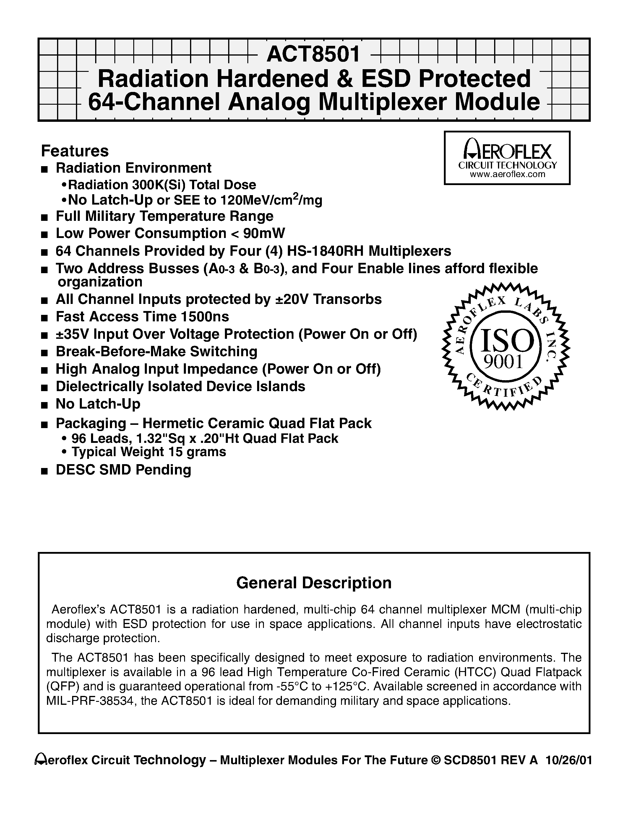 Datasheet ACT8501-I - ACT8501 Radiation Hardened & ESD Protected 64-Channel Analog Multiplexer Module page 1