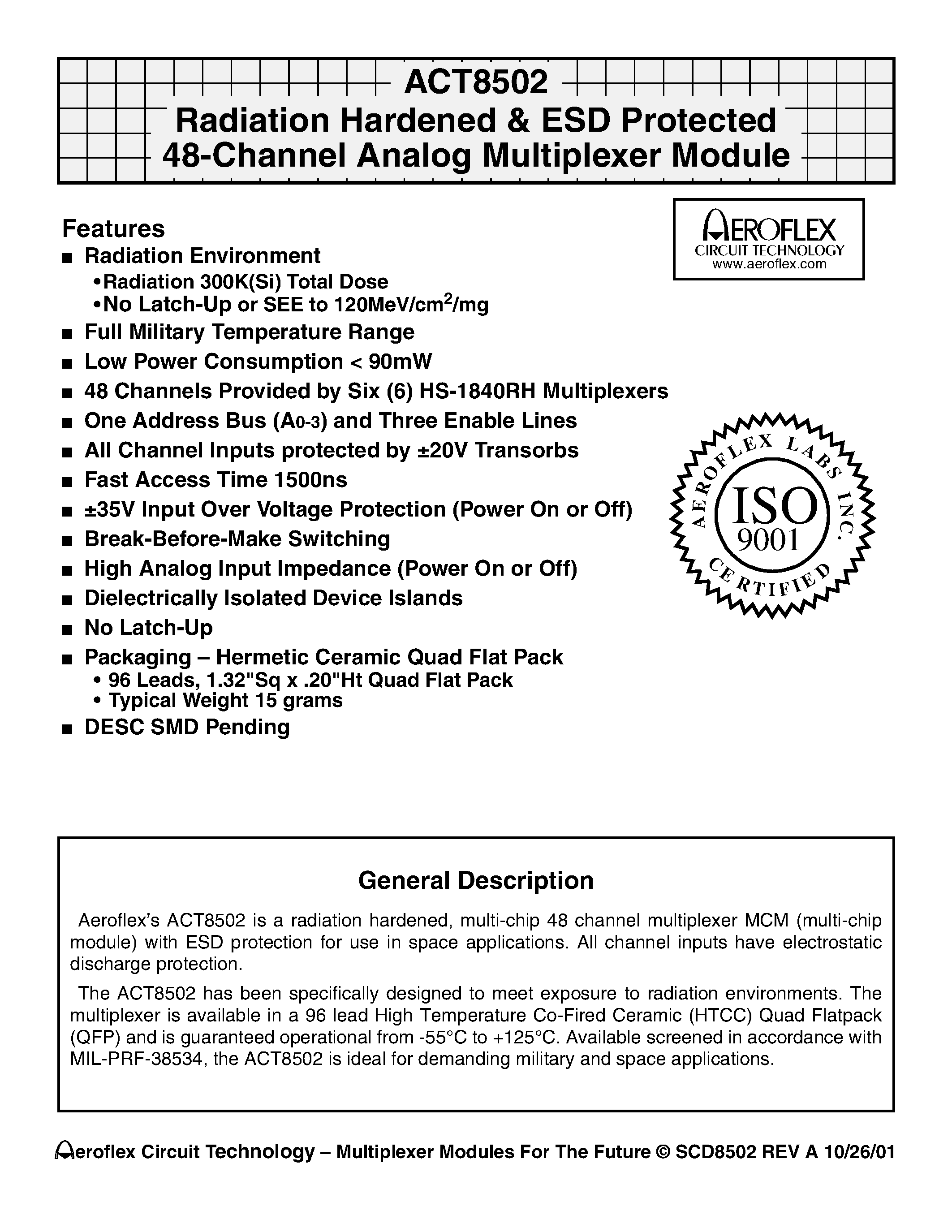 Datasheet ACT8502-I - ACT8502 Radiation Hardened & ESD Protected 48-Channel Analog Multiplexer Module page 1