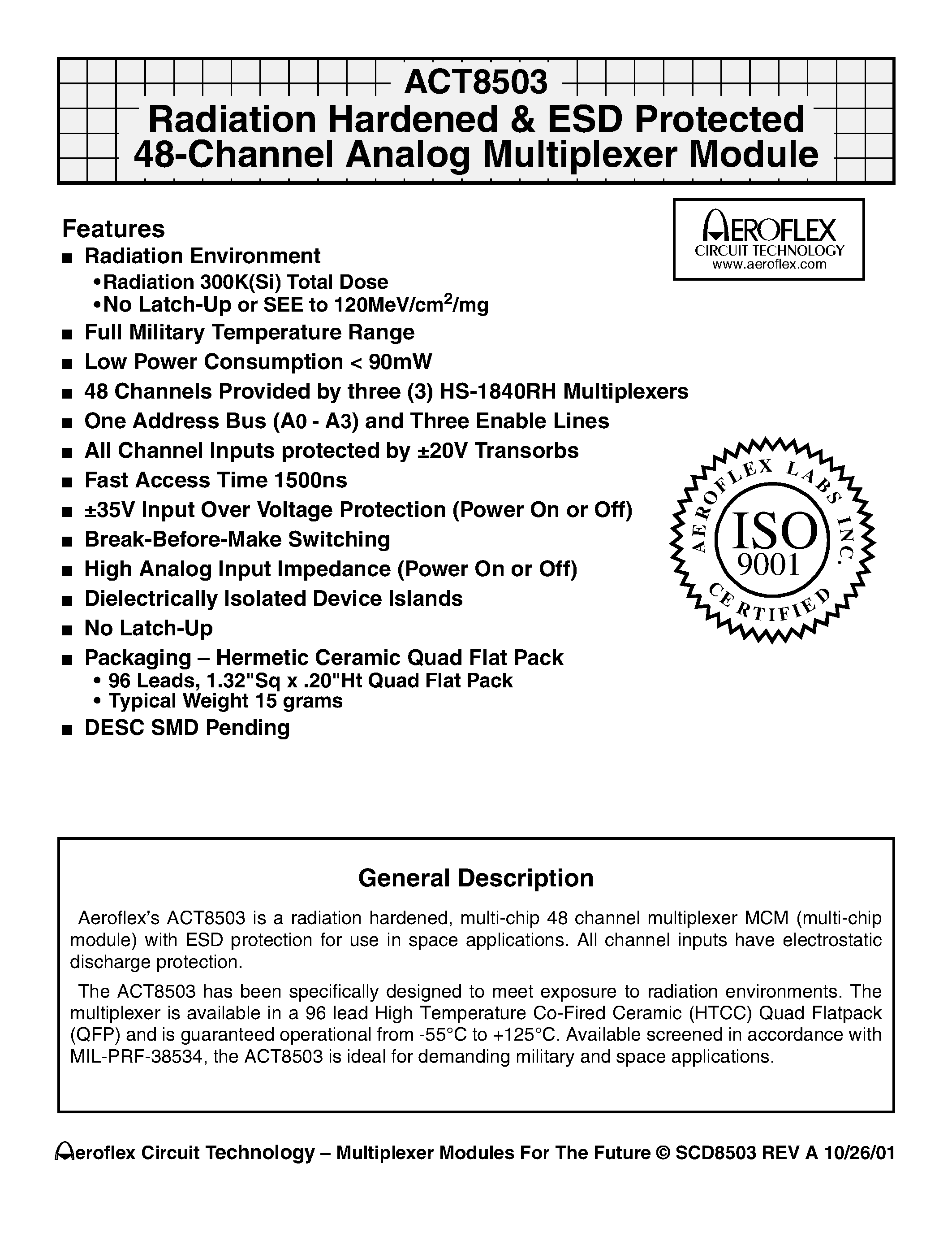 Даташит ACT8503-I - ACT8503 Radiation Hardened & ESD Protected 48-Channel Analog Multiplexer Module страница 1