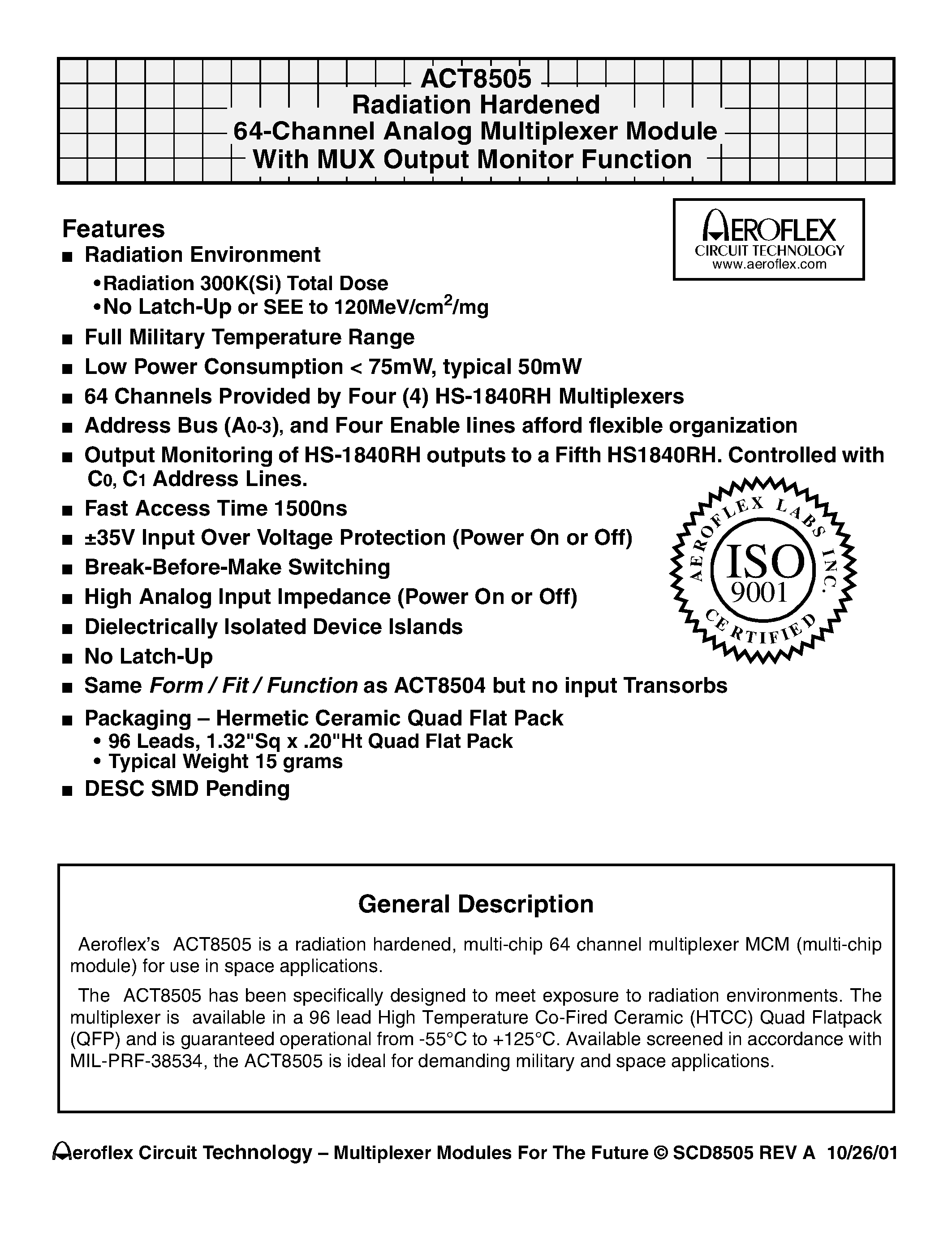 Datasheet ACT8505-C - ACT8505 Radiation Hardened 64-Channel Analog Multiplexer Module With MUX Output Monitor Function page 1