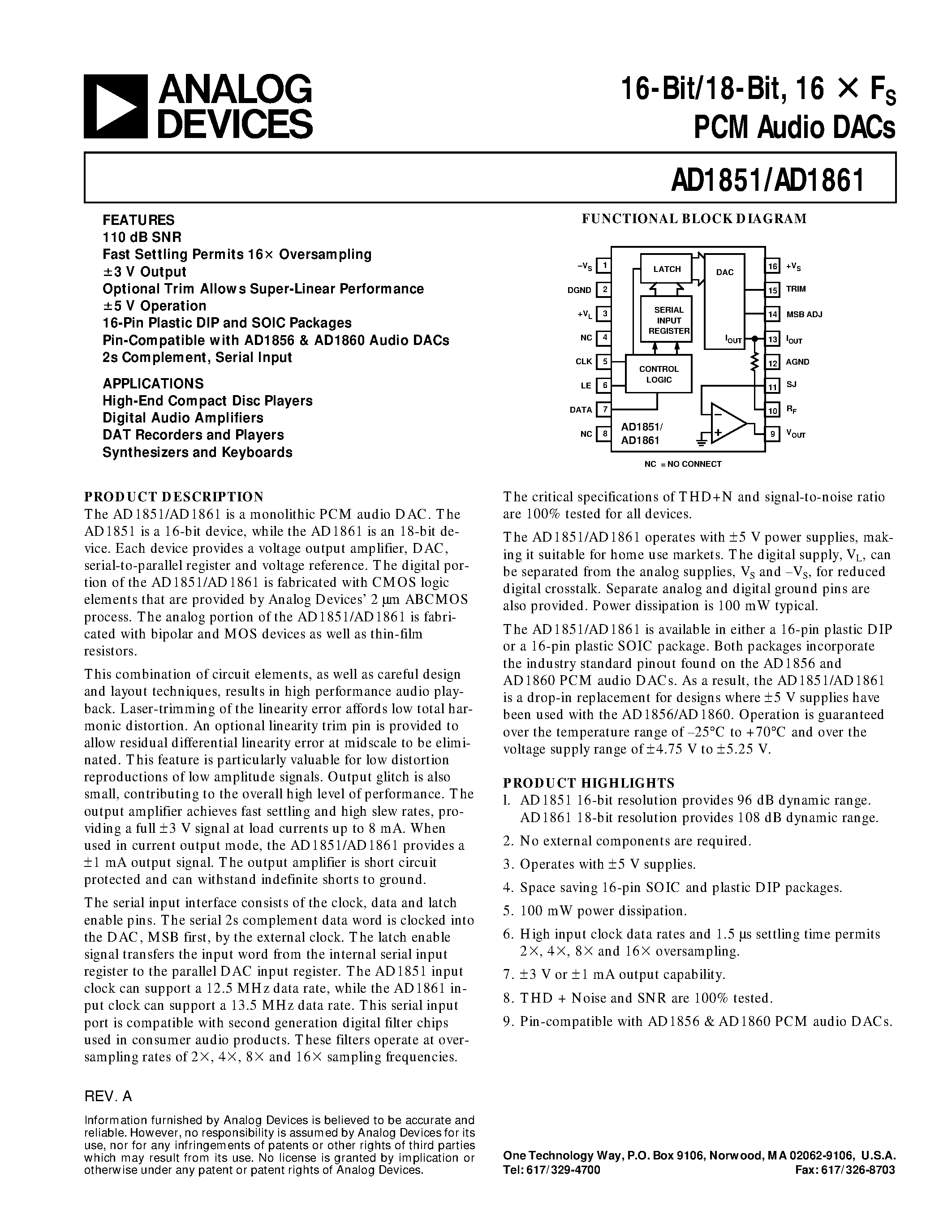 Даташит AD1851N - 16-Bit/18-Bit/ 16 X Fs PCM Audio DACs страница 1