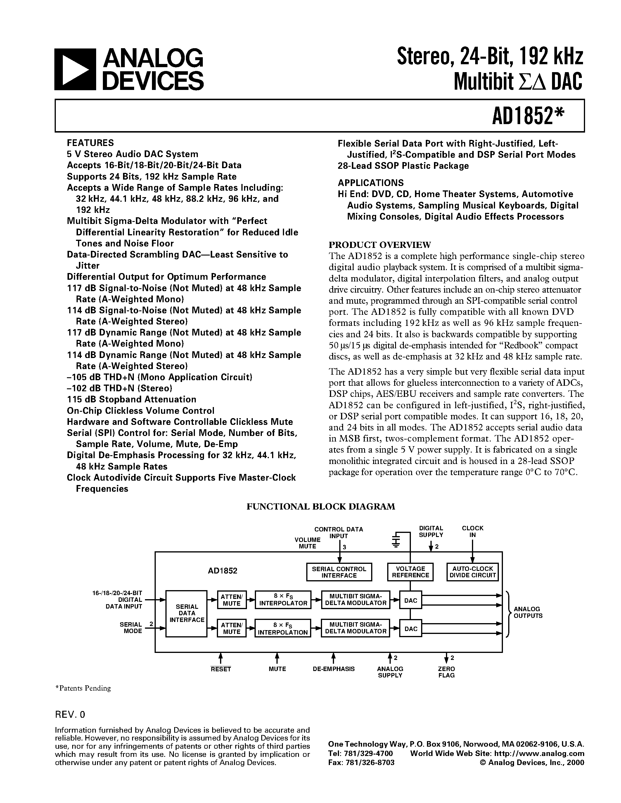 Даташит AD1852 - Stereo/ 24-Bit/ 192 kHz Multibit DAC страница 1