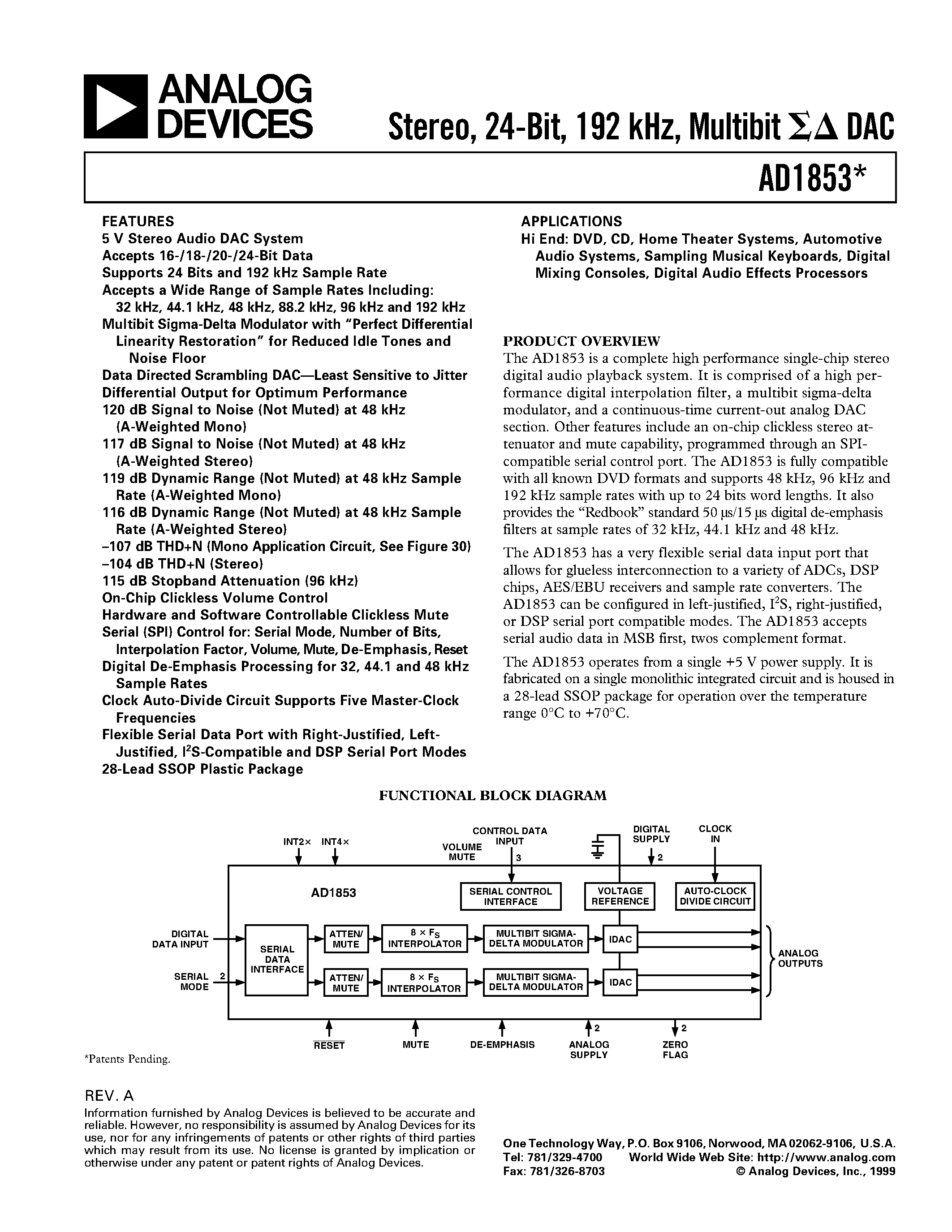 Даташит AD1853 - Stereo/ 24-Bit/ 192 kHz/ Multibit DAC страница 1