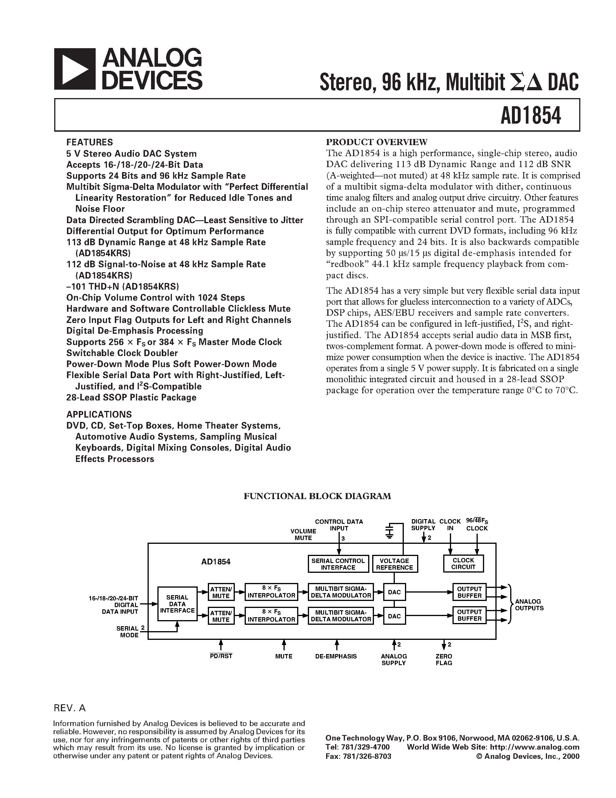 Даташит AD1854 - Stereo/ 96 kHz/ Multibit DAC страница 1