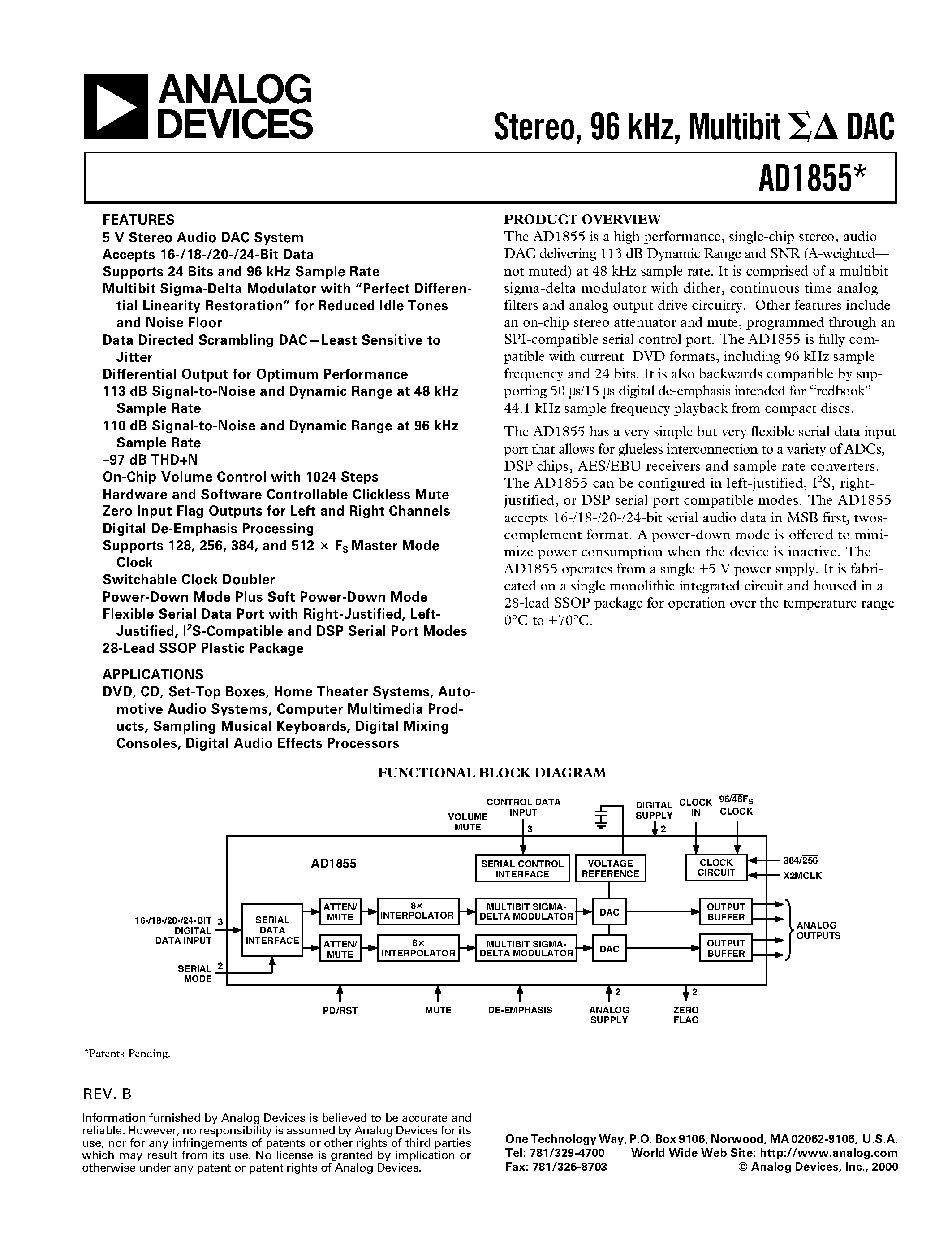 Даташит AD1855 - Stereo/ 96 kHz/ Multibit DAC страница 1