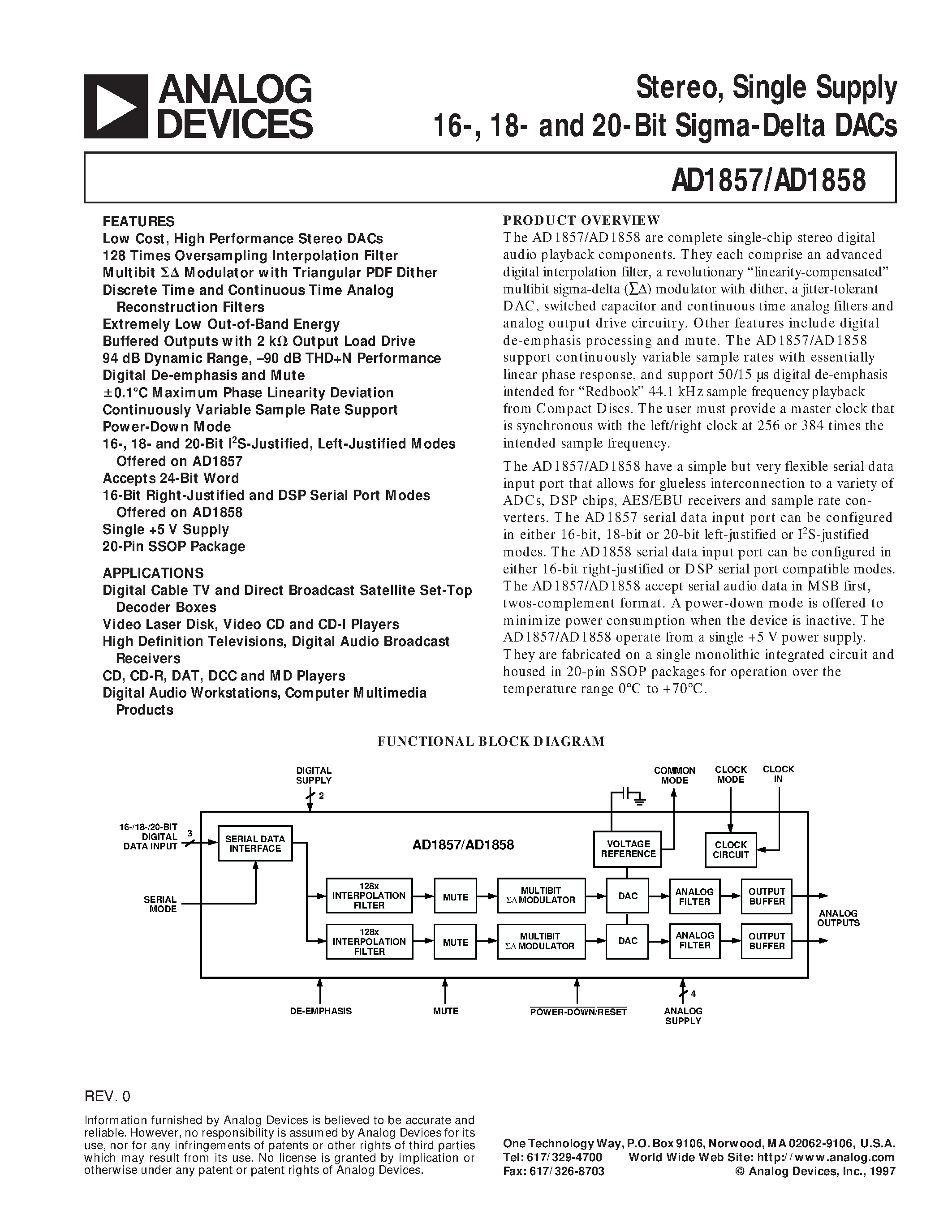 Даташит AD1857 - Stereo/ Single Supply 16-/ 18- and 20-Bit Sigma-Delta DACs страница 1
