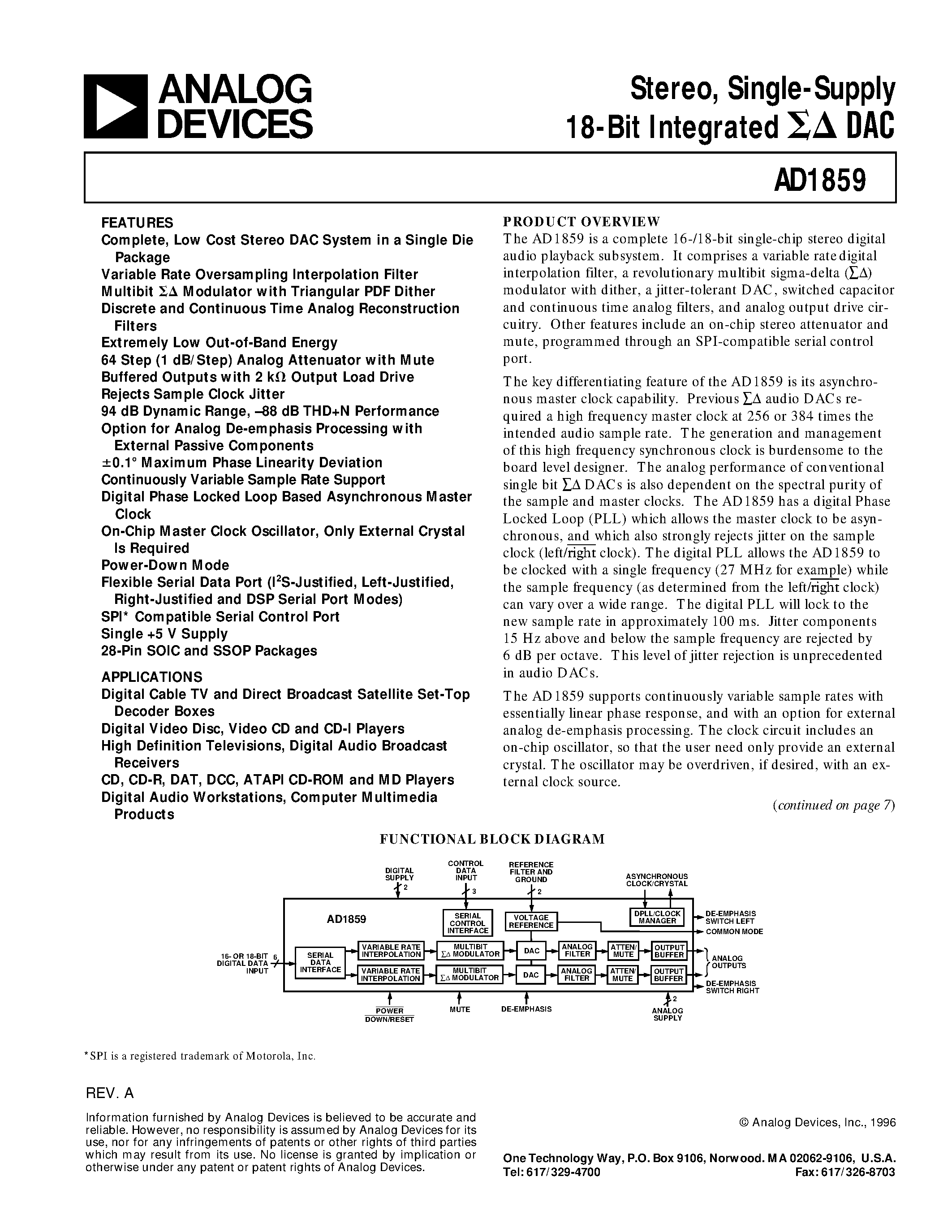 Даташит AD1859 - Stereo/ Single-Supply 18-Bit Integrated DAC страница 1