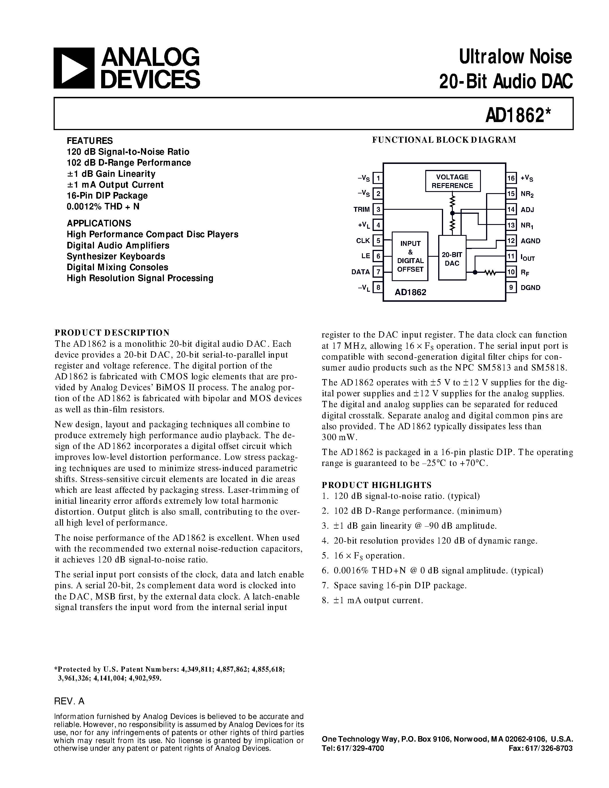 Даташит AD1862N - Ultralow Noise 20-Bit Audio DAC страница 1