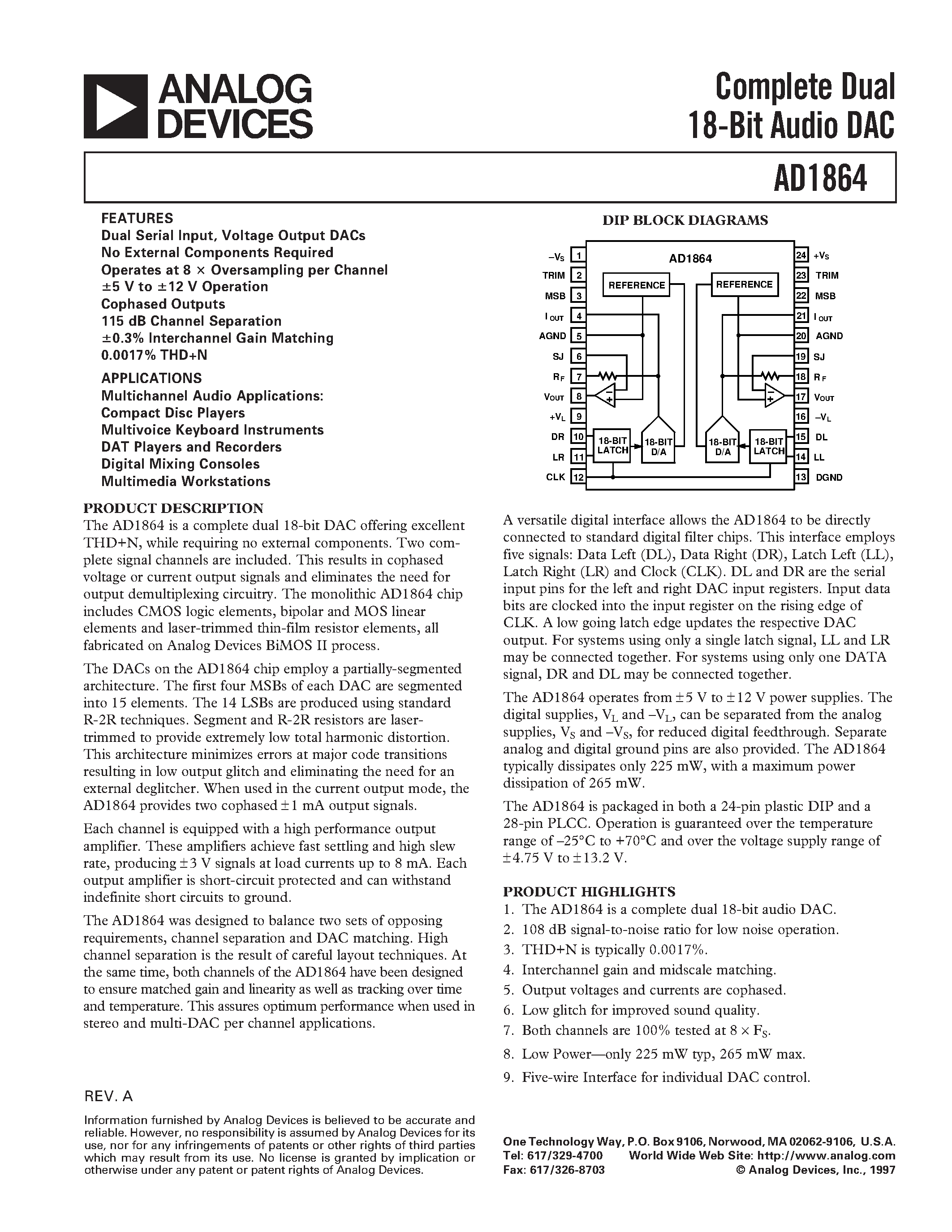 Даташит AD1864 - Complete Dual 18-Bit Audio DAC страница 1