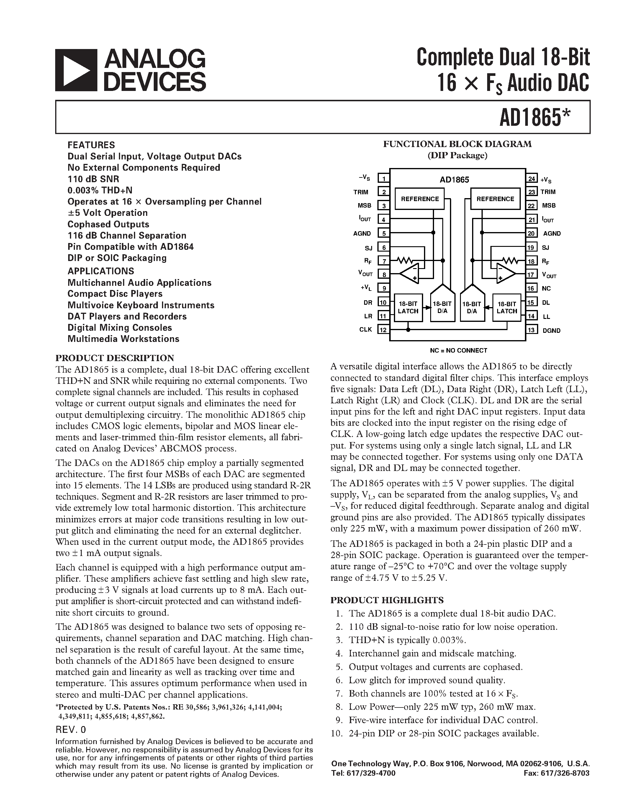 Даташит AD1865 - Complete Dual 18-Bit 16 x Fs Audio DAC страница 1