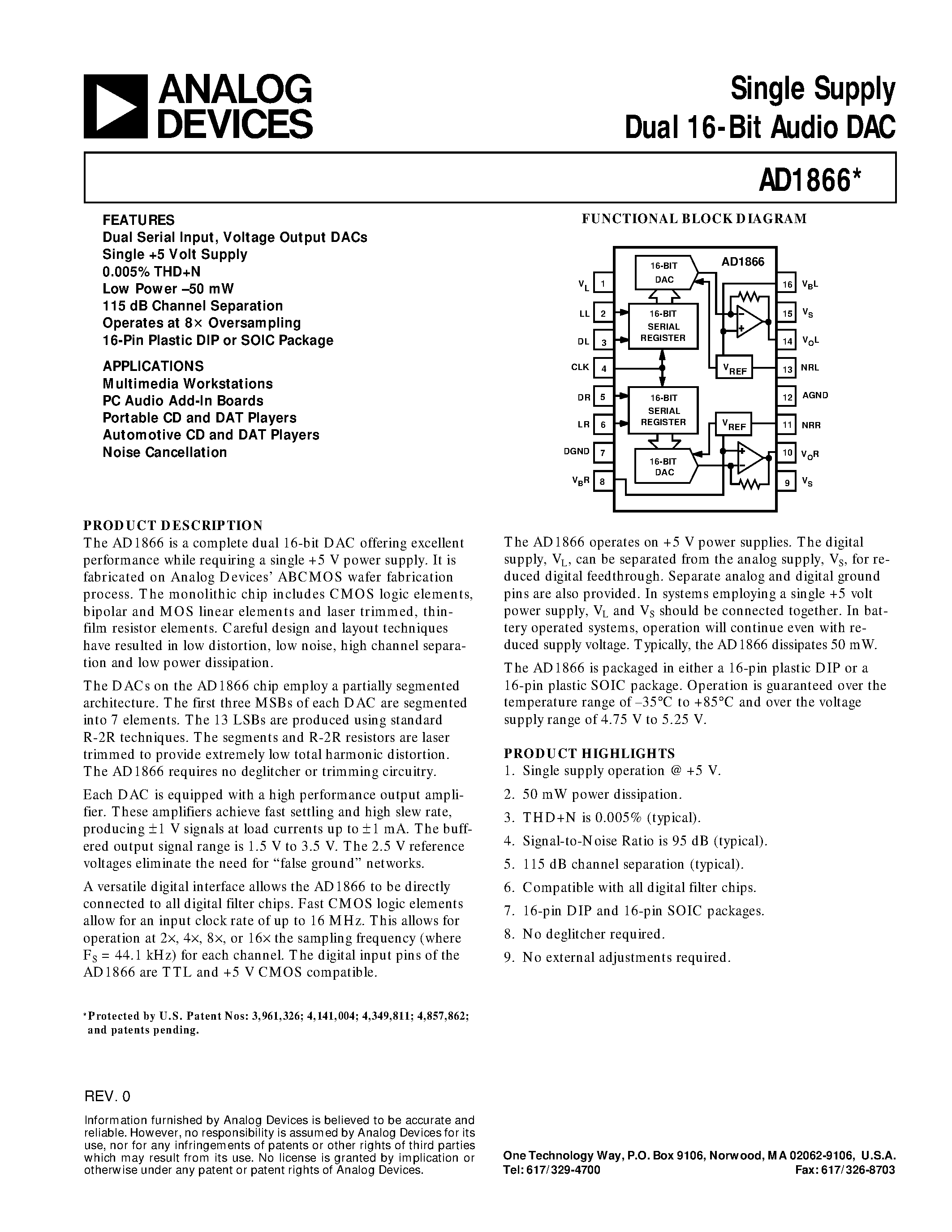 Даташит AD1866N - Single Supply Dual 16-Bit Audio DAC страница 1