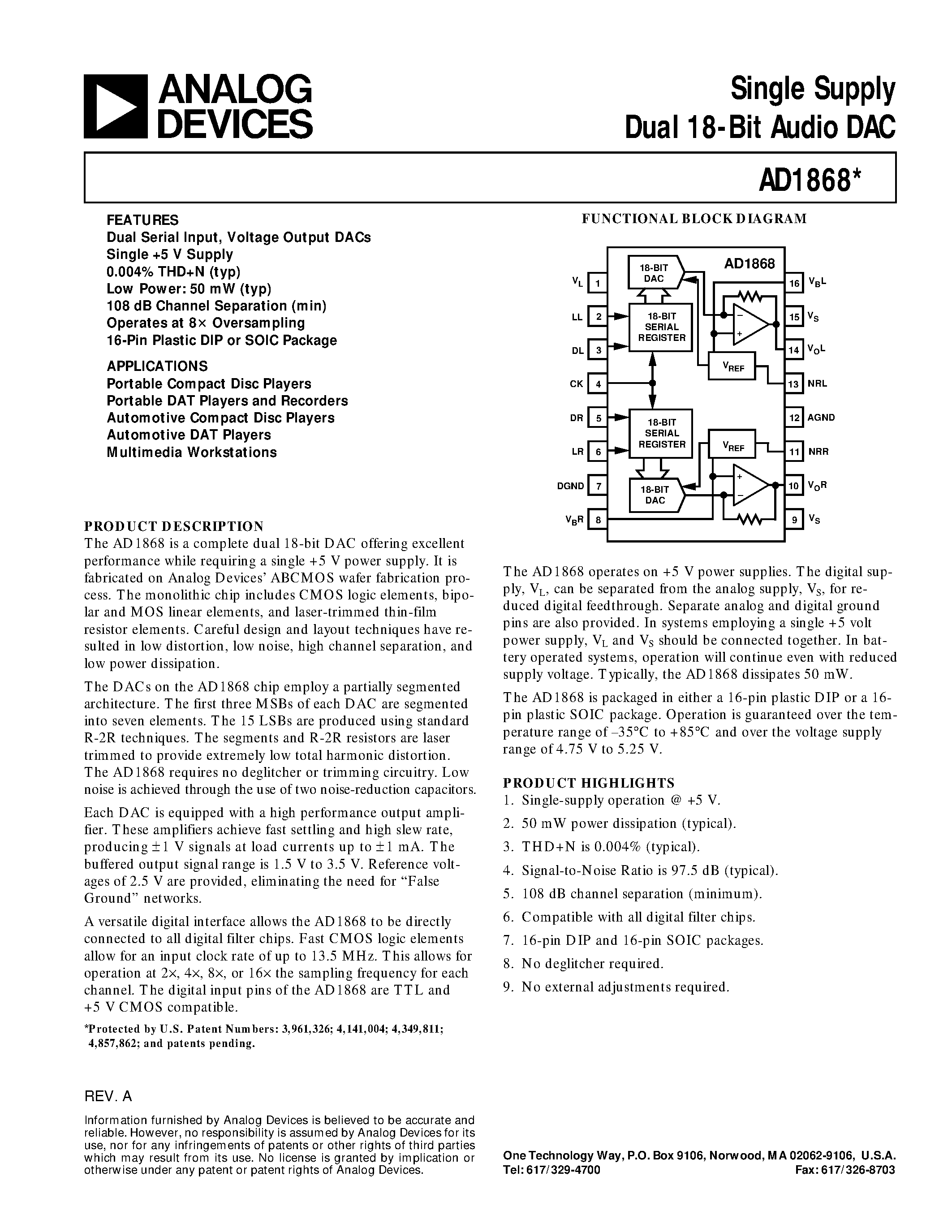 Даташит AD1868 - Single Supply Dual 18-Bit Audio DAC страница 1