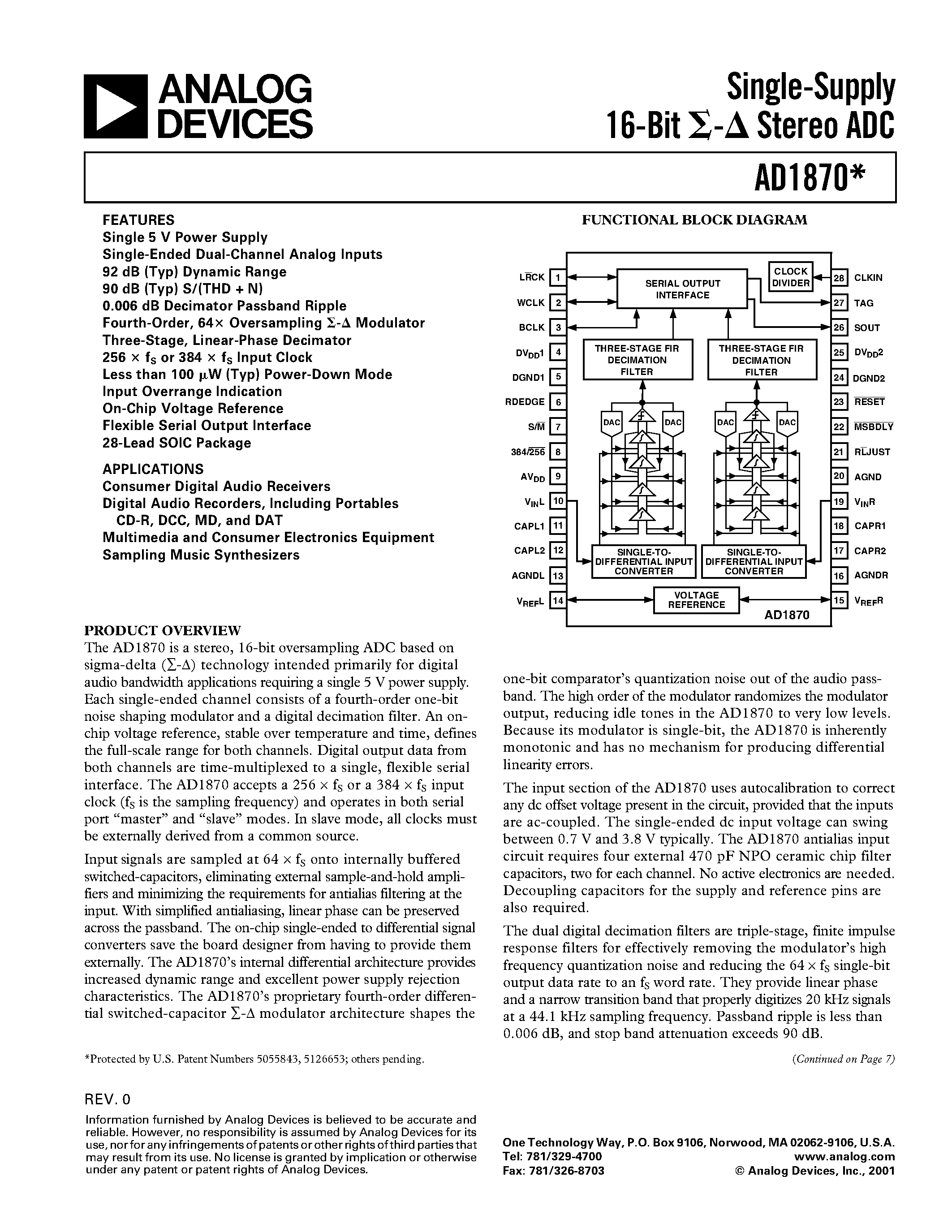 Даташит AD1870 - Single-Supply 16-Bit Stereo ADC страница 1