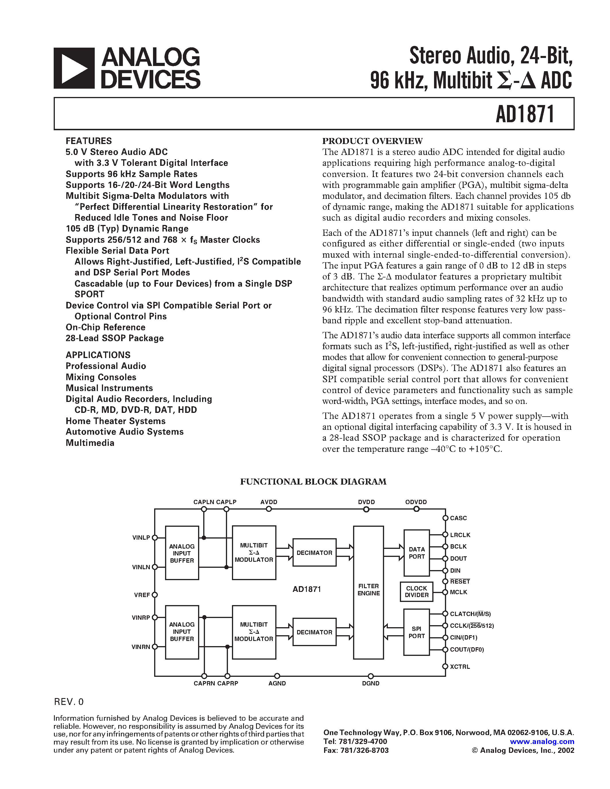 Даташит AD1871YRS-REEL - Stereo Audio/ 24-Bit/ 96 kHz/ Multibit ADC страница 1