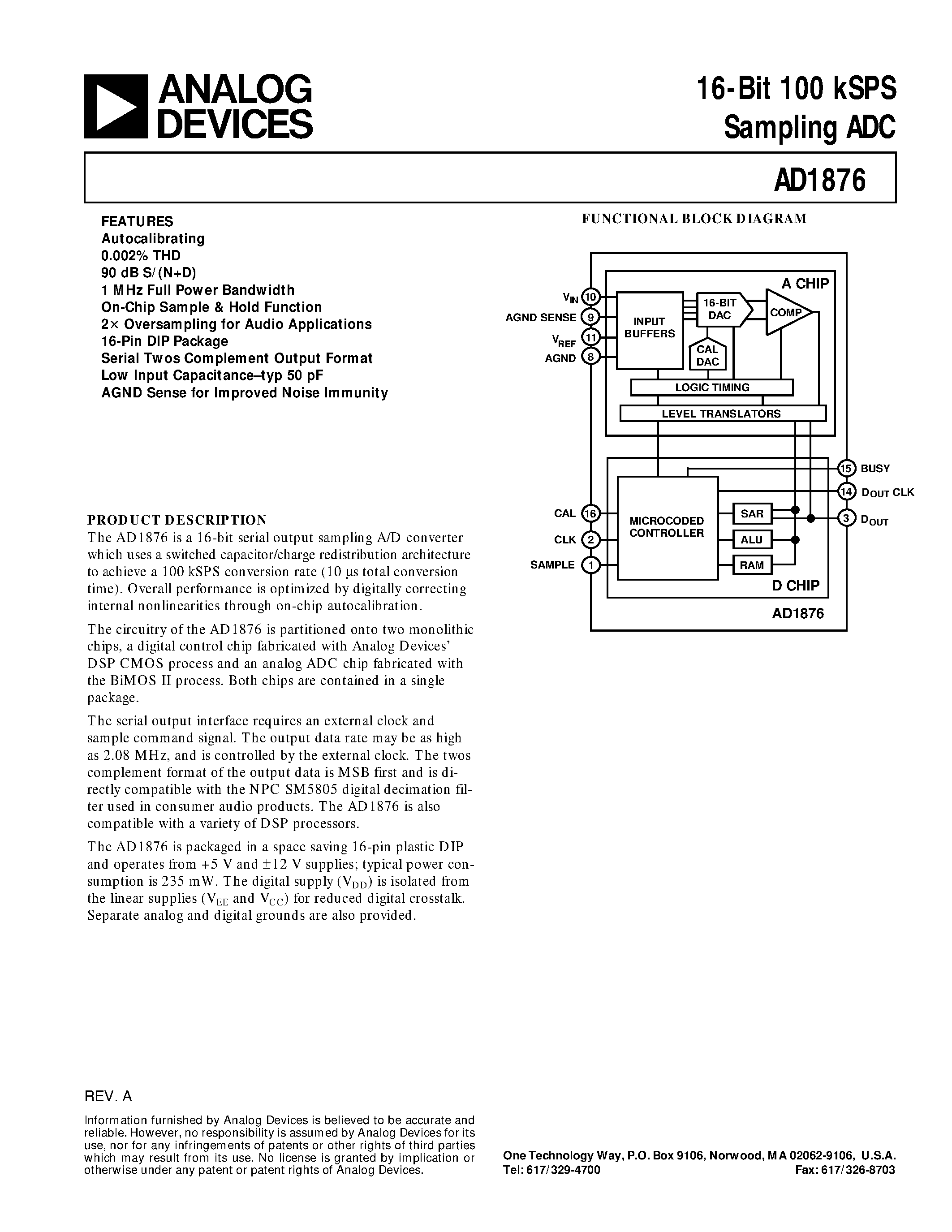 Даташит AD1876 - 16-Bit 100 kSPS Sampling ADC страница 1