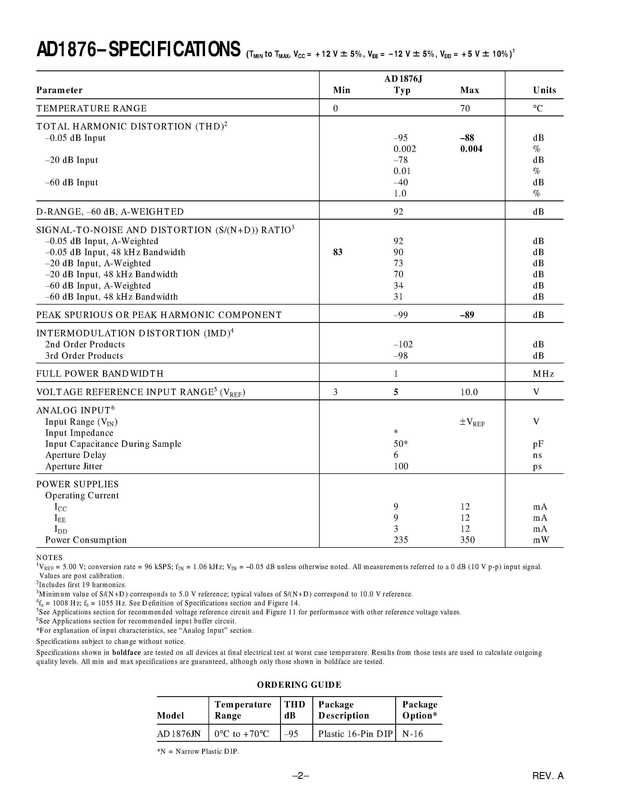 Даташит AD1876 - 16-Bit 100 kSPS Sampling ADC страница 2