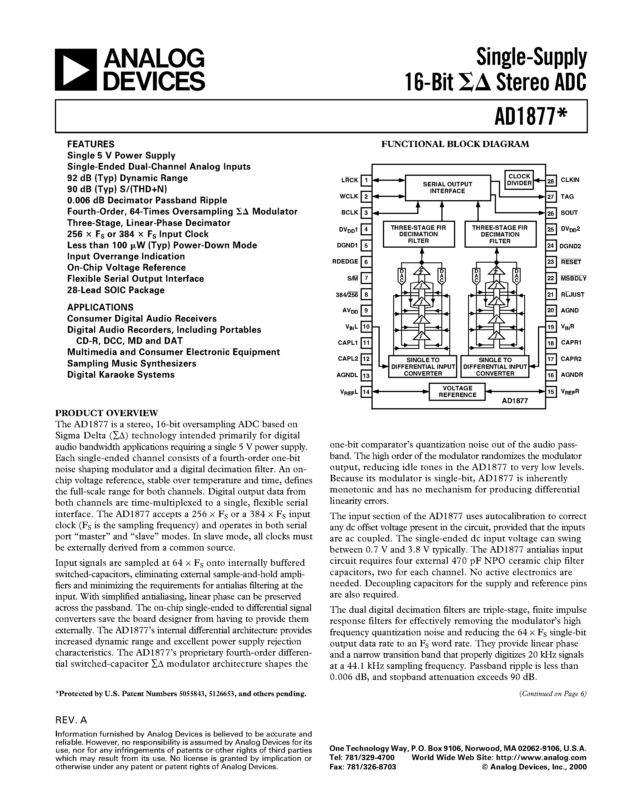 Даташит AD1877JR - Single-Supply 16-Bit Stereo ADC страница 1