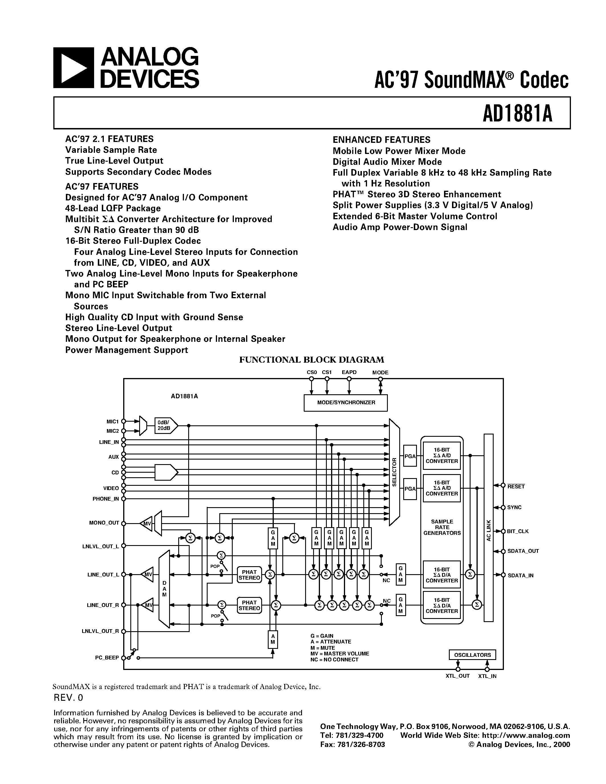 Даташит AD1881AJST - AC97 SoundMAX Codec страница 1