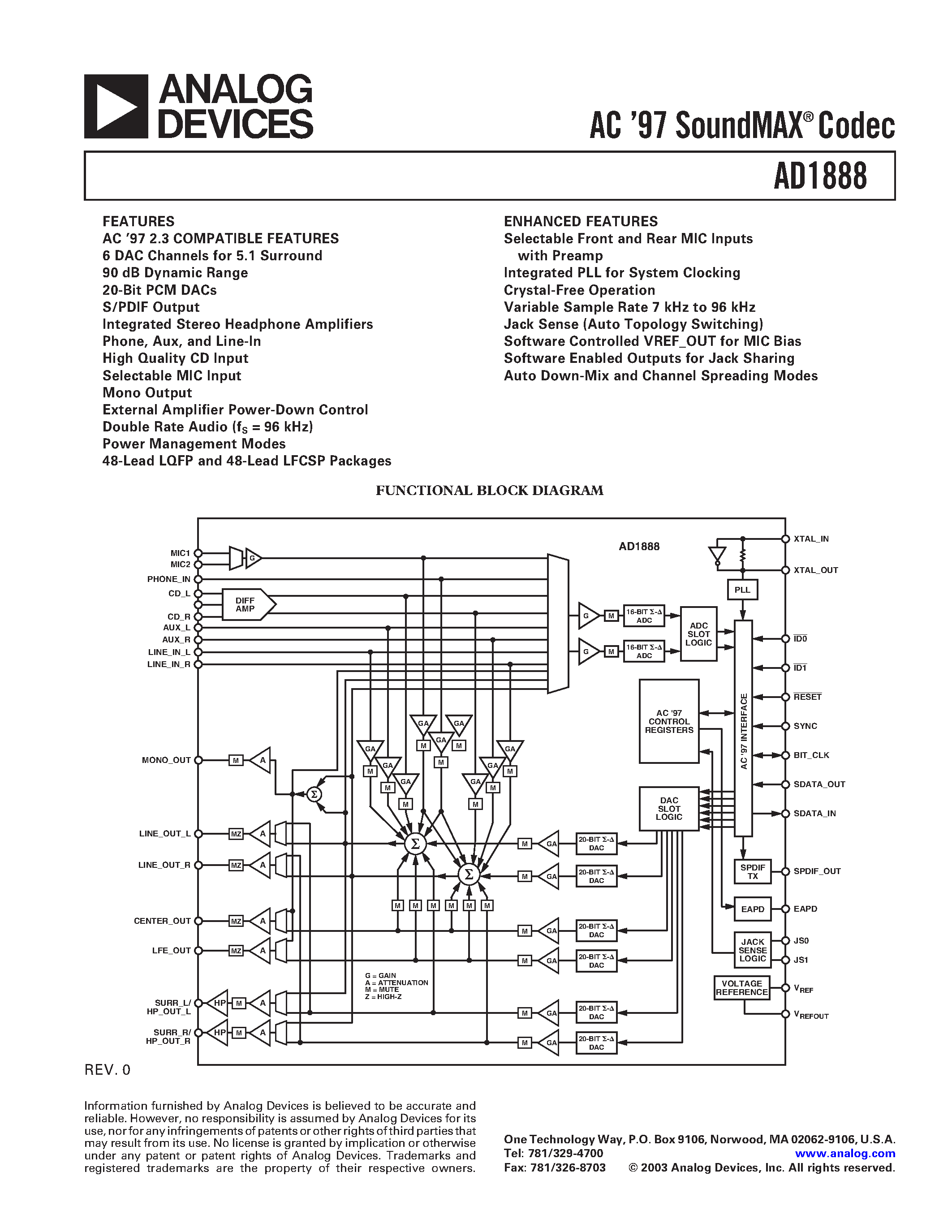 Даташит AD1888 - AC 97 SoundMAX Codec страница 1