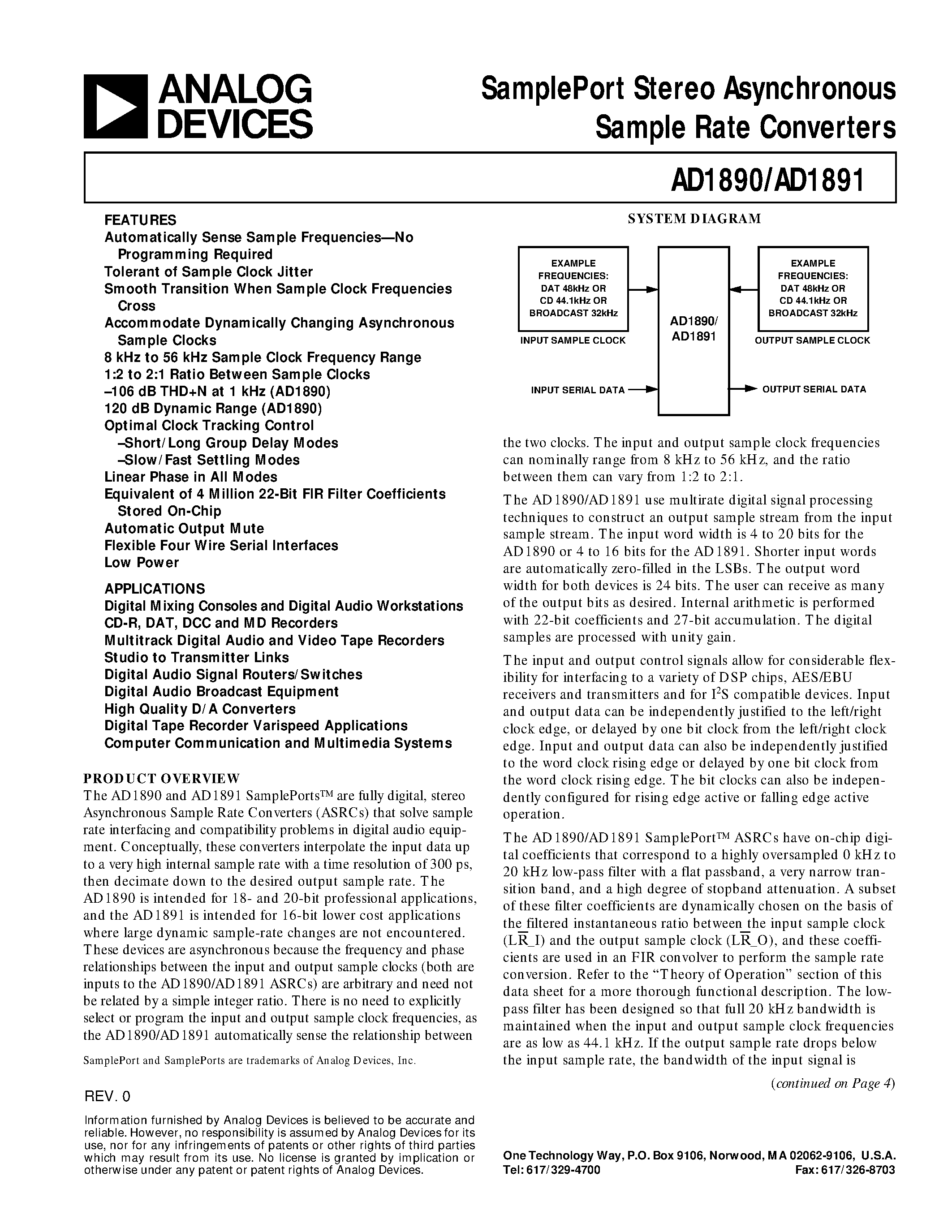 Даташит AD1890 - SamplePort Stereo Asynchronous Sample Rate Converters страница 1