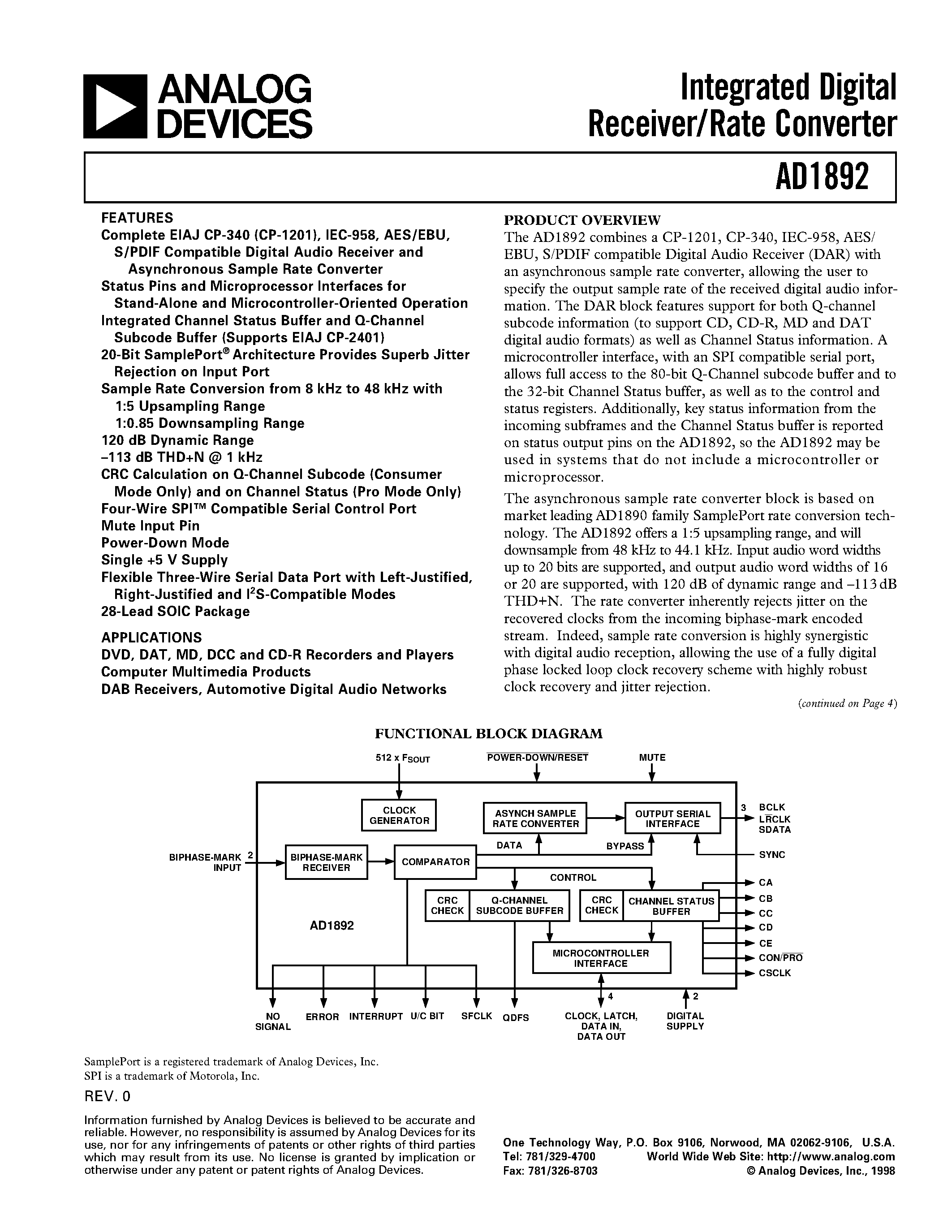 Даташит AD1892 - Integrated Digital Receiver/Rate Converter страница 1