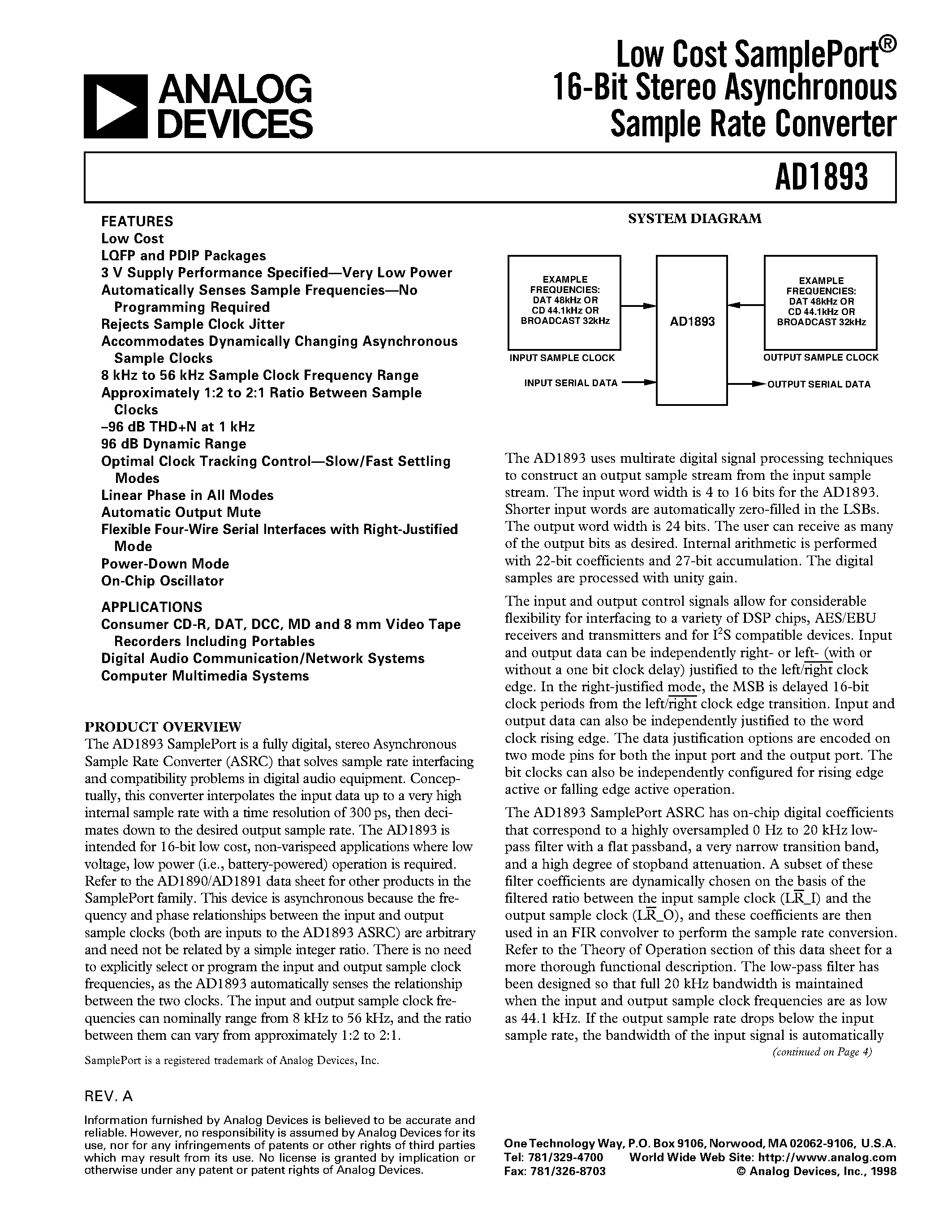 Даташит AD1893 - Low Cost SamplePort 16-Bit Stereo Asynchronous Sample Rate Converter страница 1