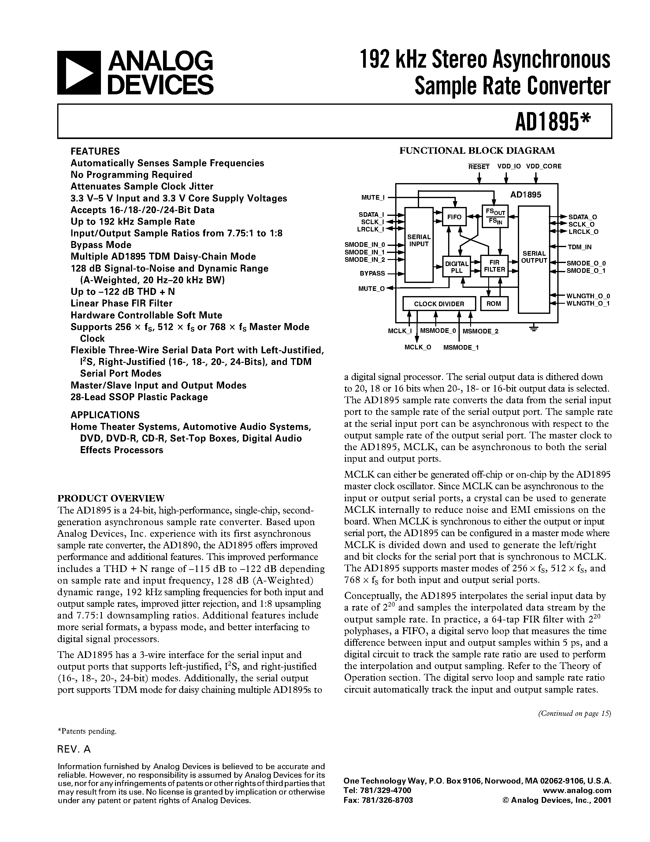 Даташит AD1895 - 192 kHz Stereo Asynchronous Sample Rate Converter страница 1