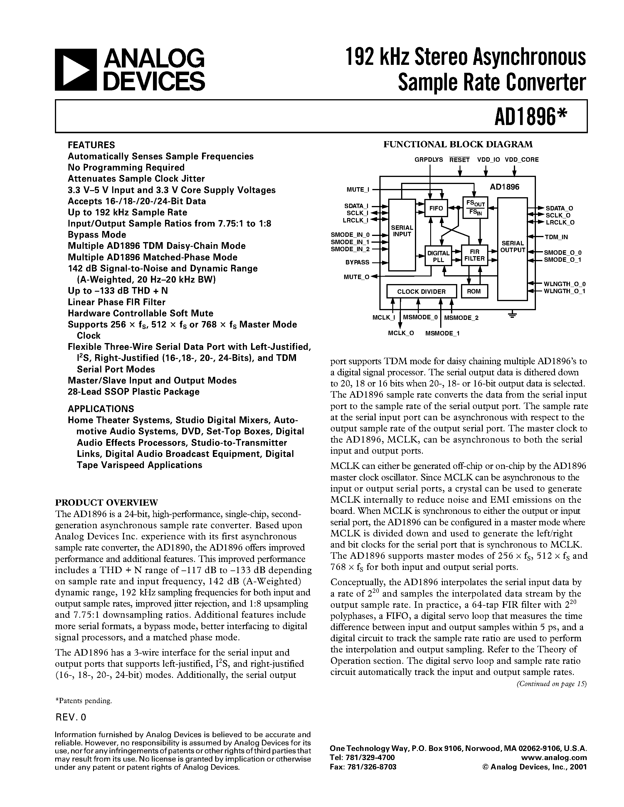 Даташит AD1896 - 192 kHz Stereo Asynchronous Sample Rate Converter страница 1