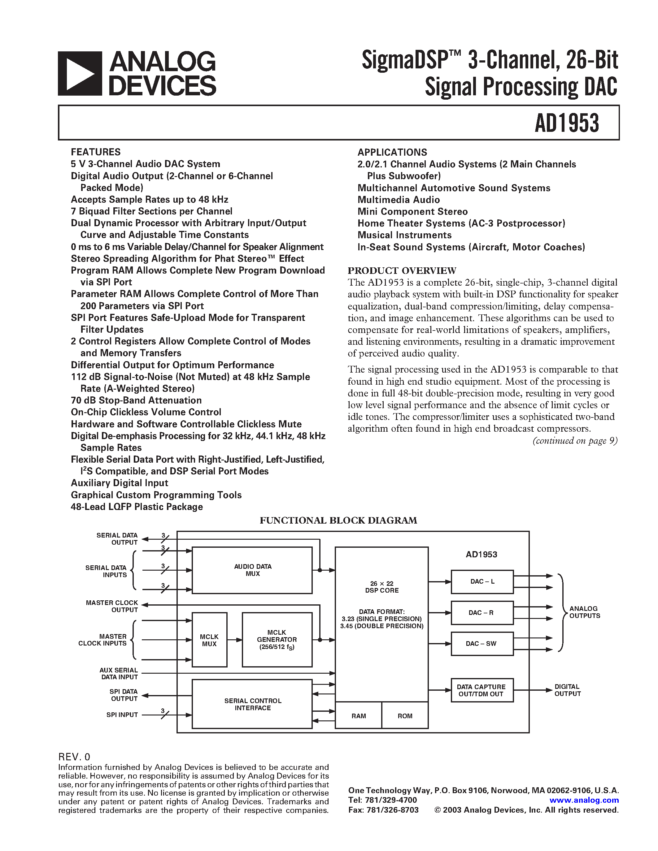 Даташит AD1953 - SigmaDSP 3-Channel/ 26-Bit Signal Processing DAC страница 1