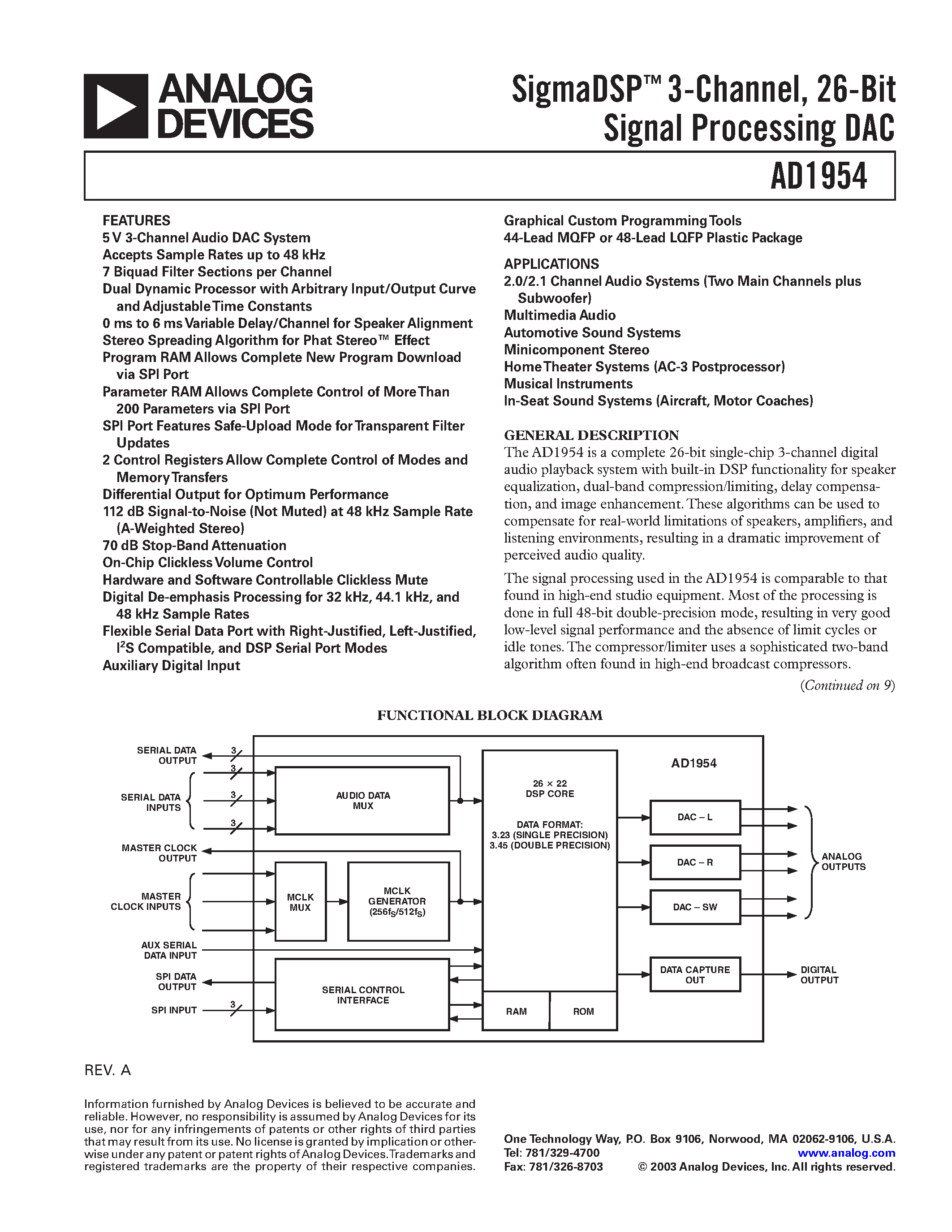 Даташит AD1954 - SigmaDSP 3-Channel/ 26-Bit Signal Processing DAC страница 1