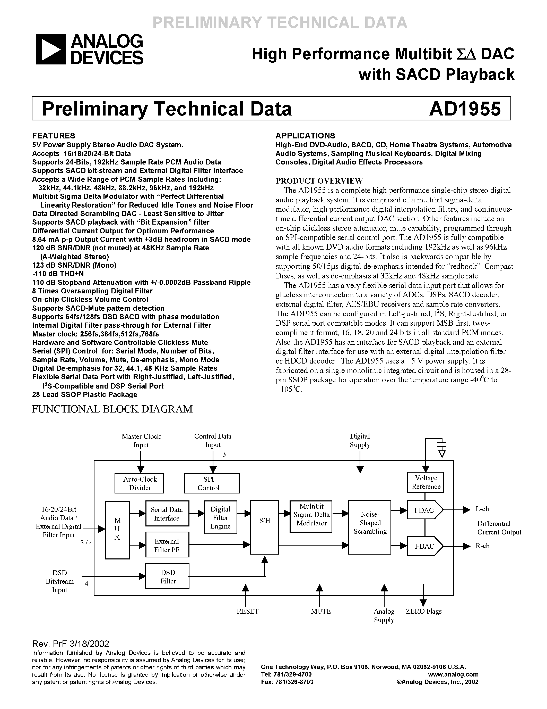 Даташит AD1955YRS - High Performance Multibit DAC with SACD Playback страница 1