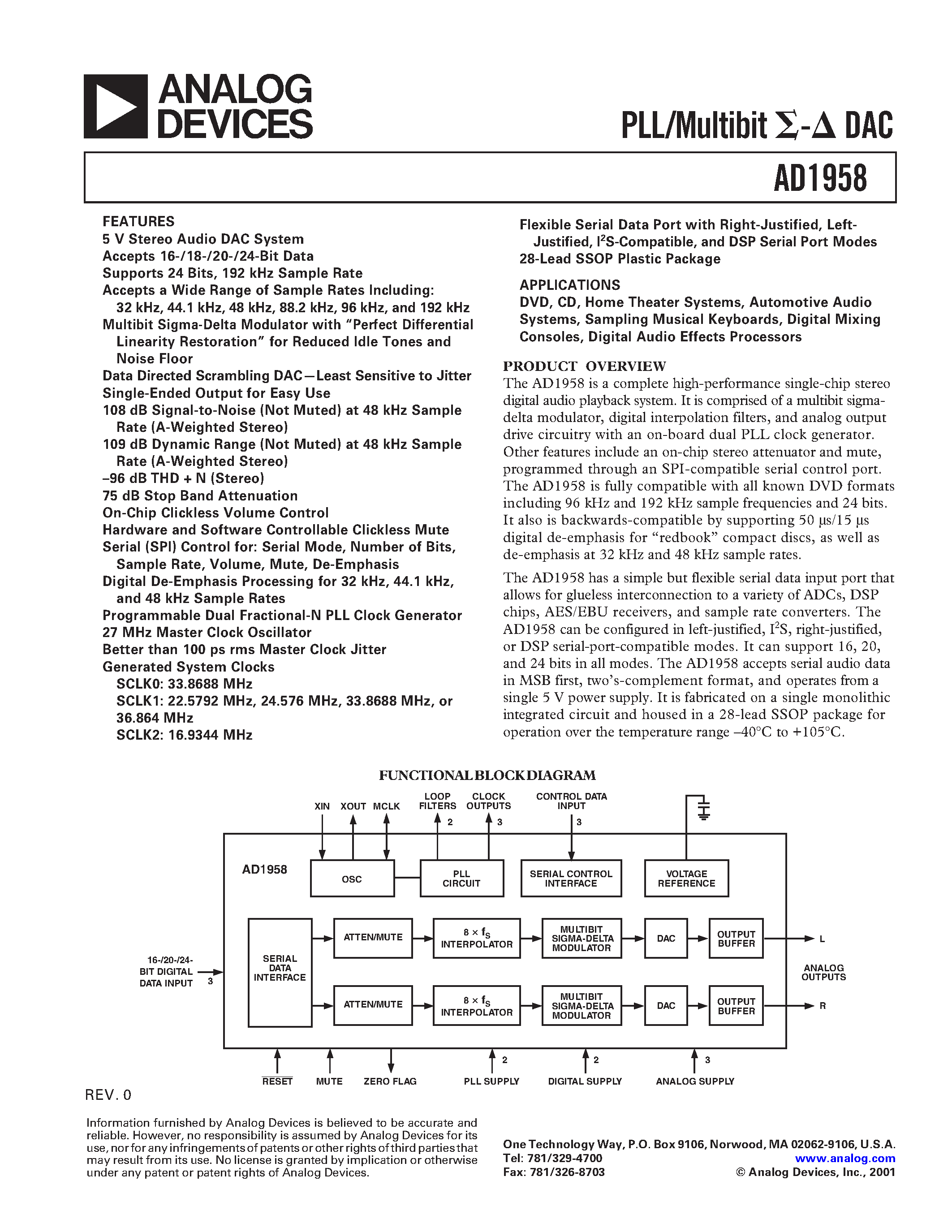 Даташит AD1958 - PLL/Multibit DAC страница 1