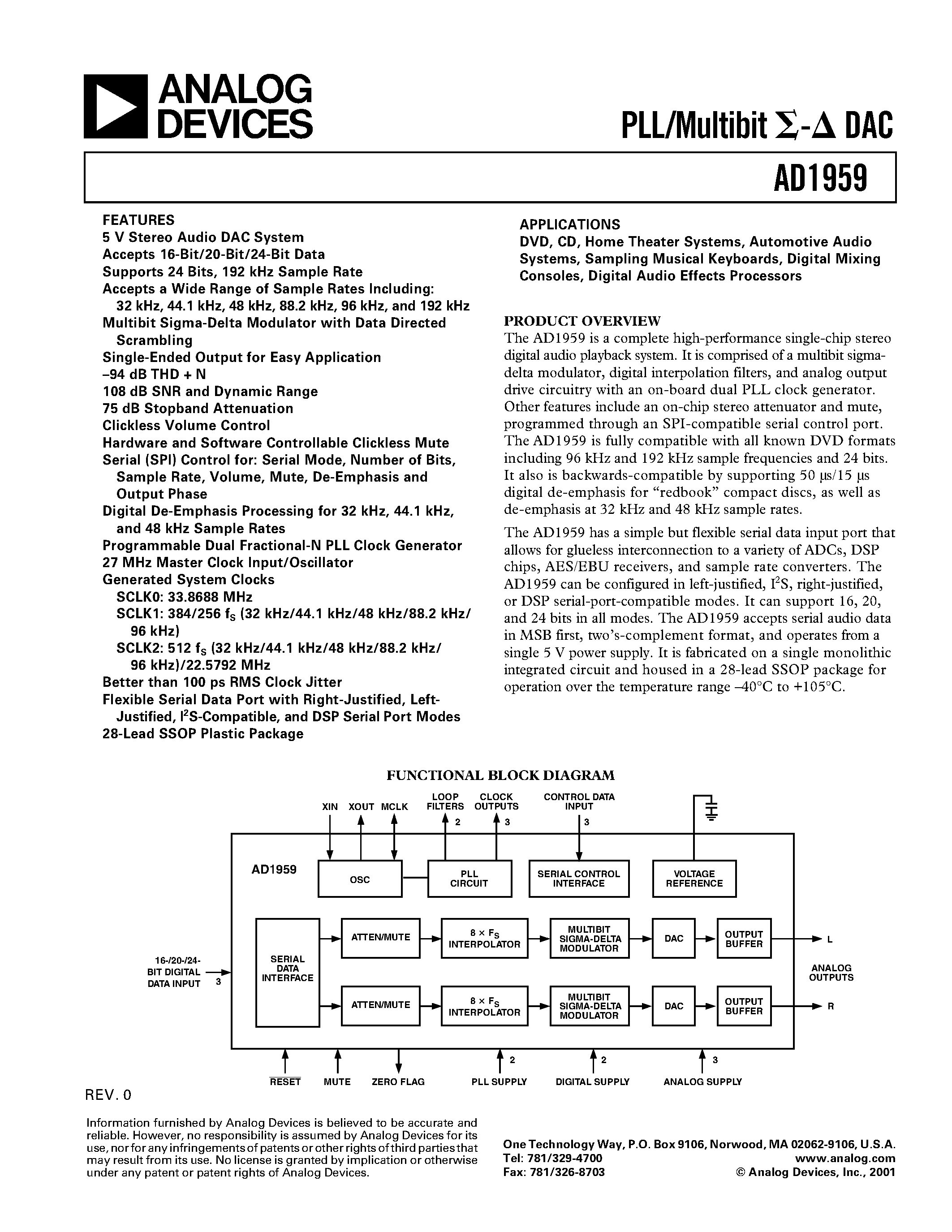 Даташит AD1959YRS - PLL/Multibit DAC страница 1