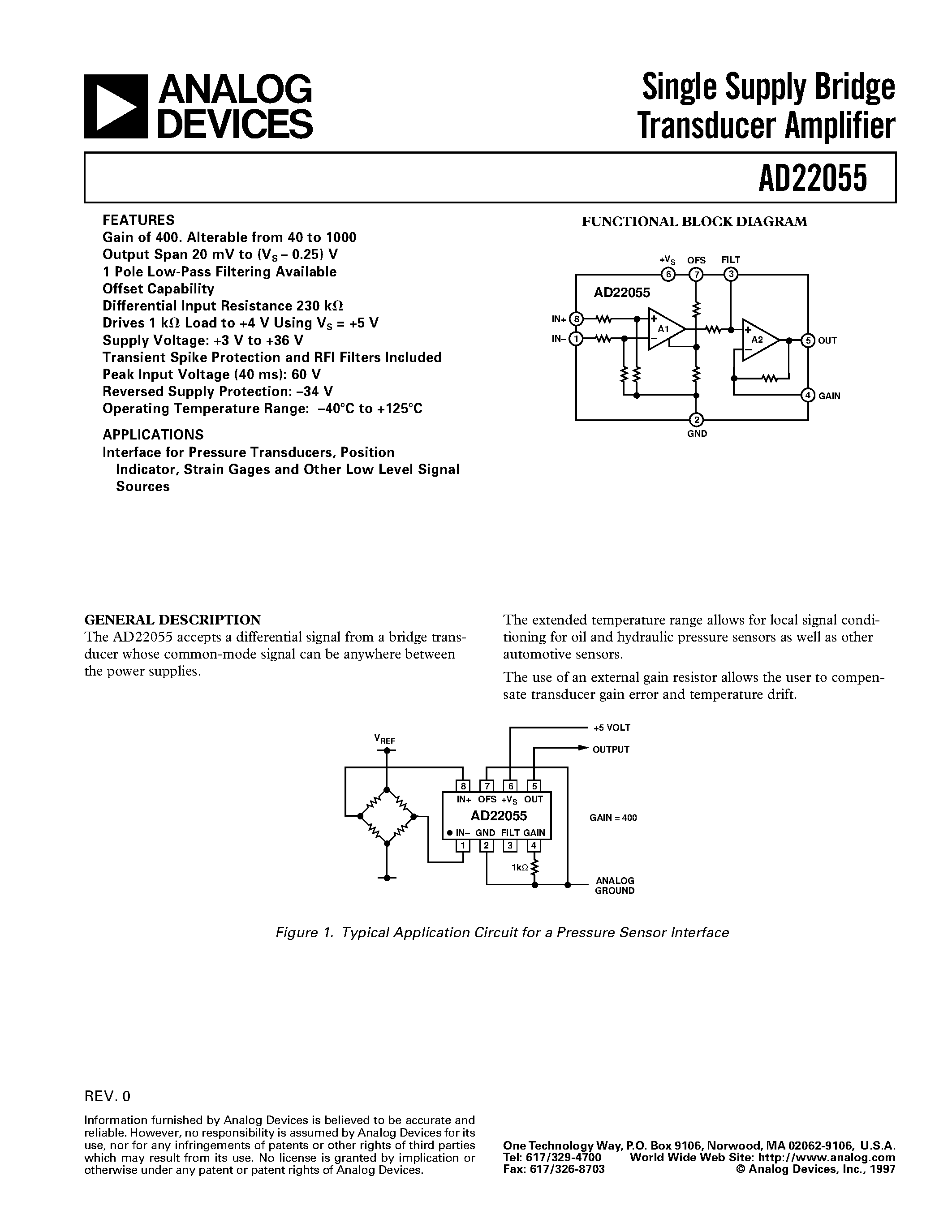 Datasheet AD22055N - Single Supply Bridge Transducer Amplifier page 1