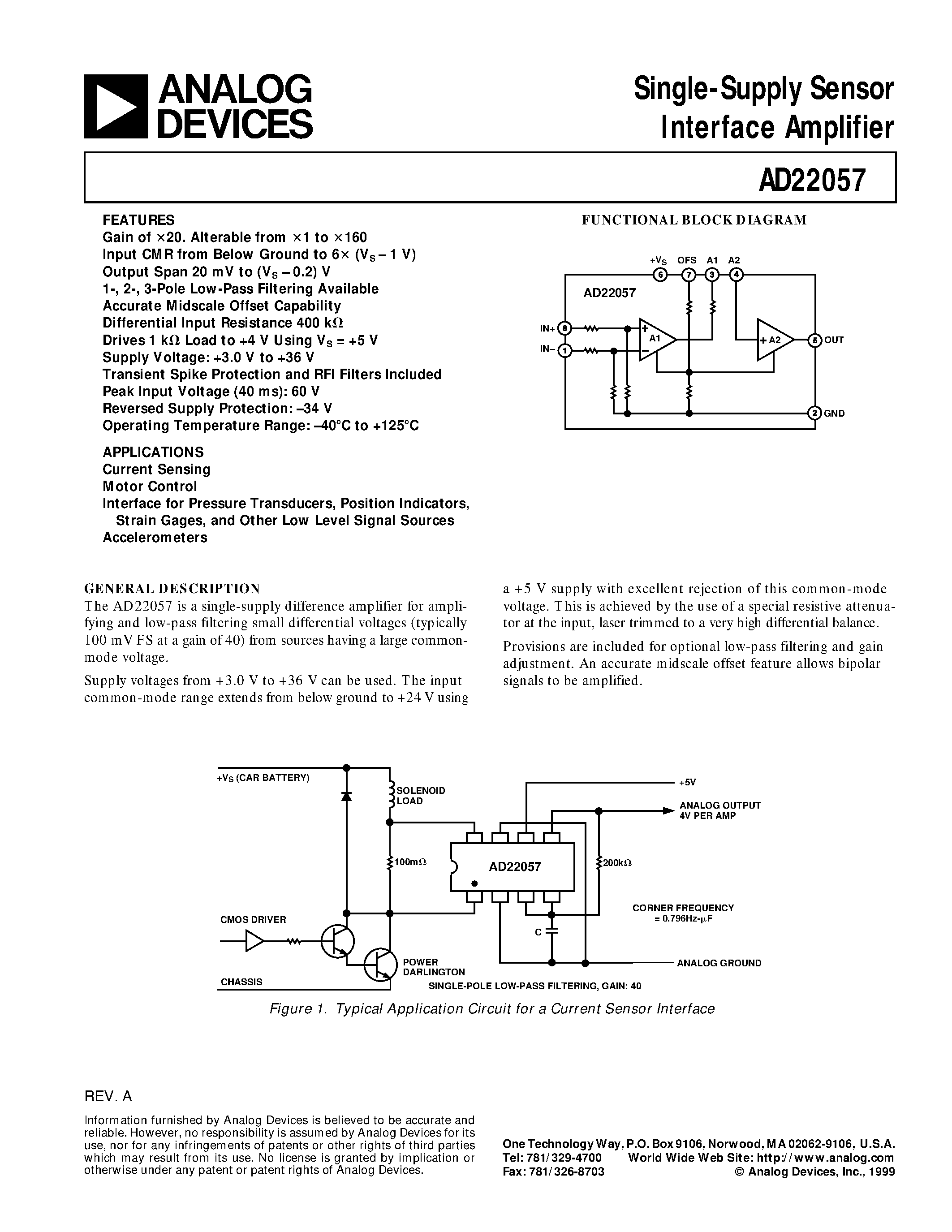 Datasheet AD22057 - Single-Supply Sensor Interface Amplifier page 1