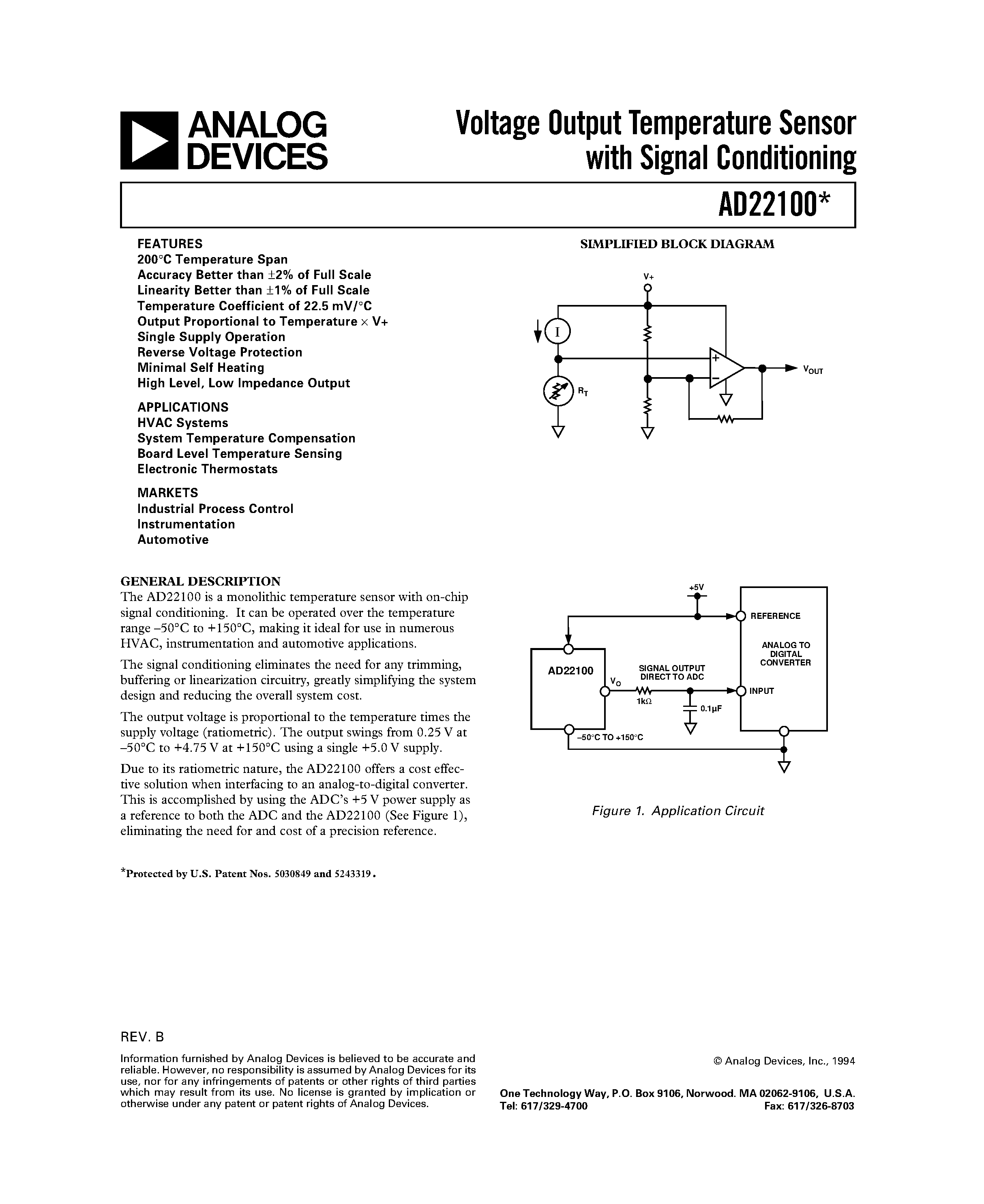 Datasheet AD22100 - Voltage Output Temperature Sensor with Signal Conditioning page 1